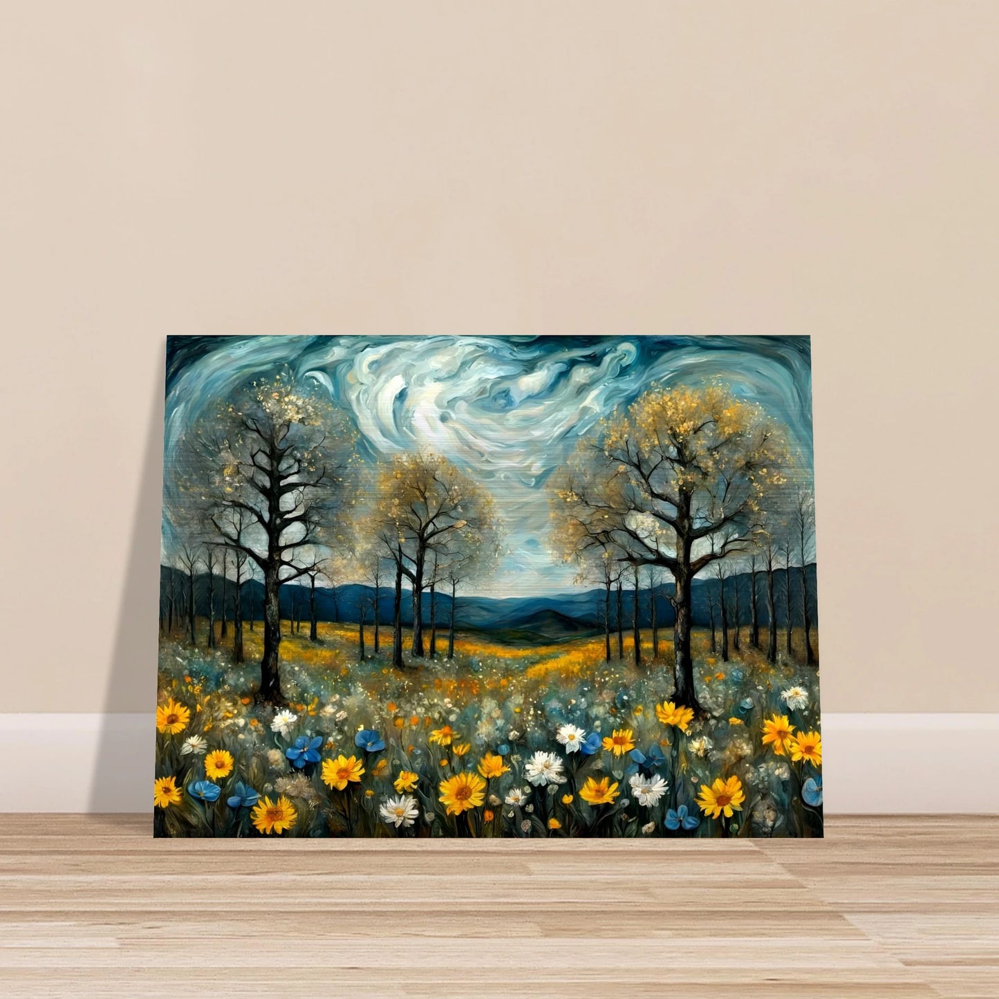 A mystical meadow under a swirling night sky, with golden trees and vibrant wildflowers glowing in the moonlight.