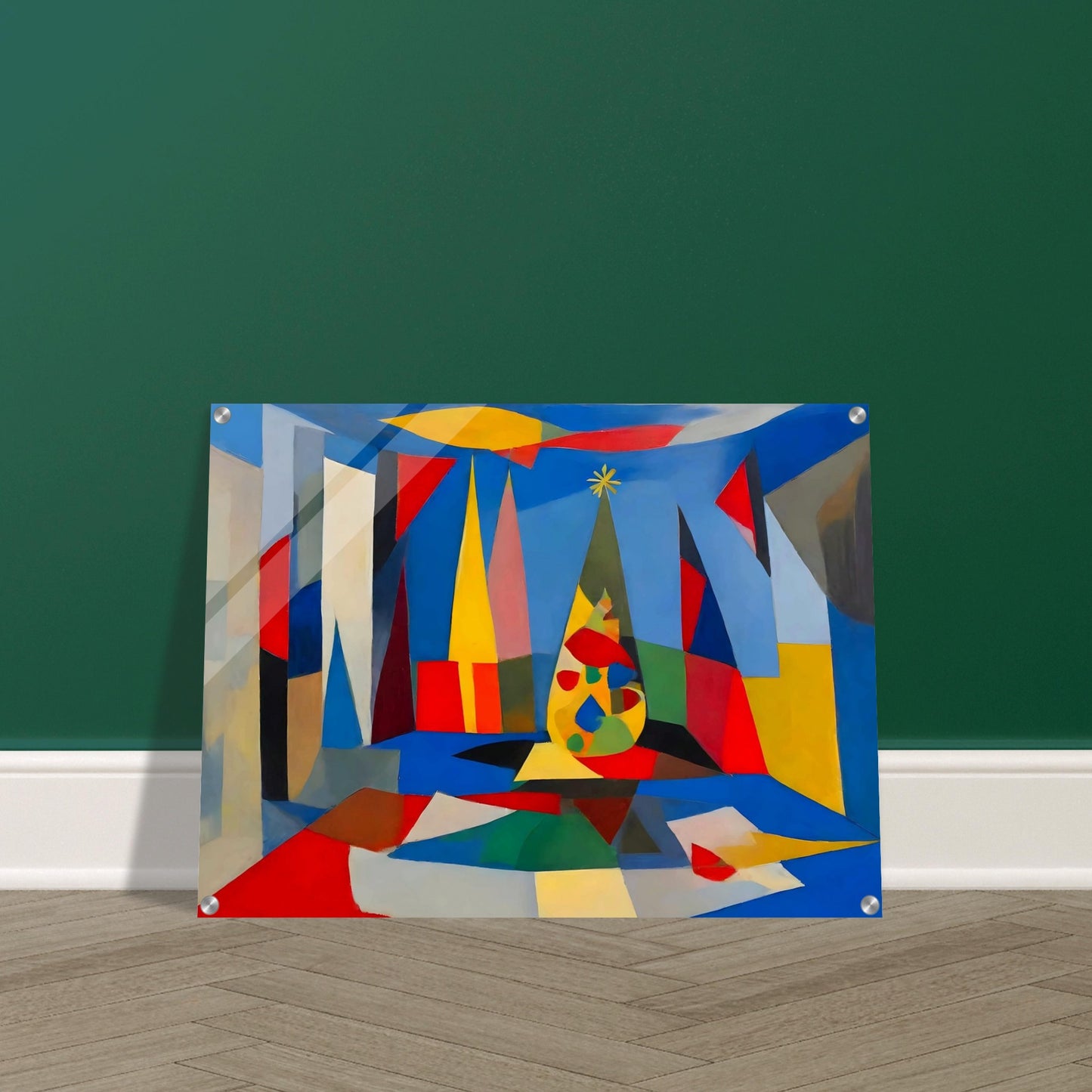 An abstract composition featuring geometric shapes and vibrant colors framing a stylized Christmas tree, creating a modern holiday scene.