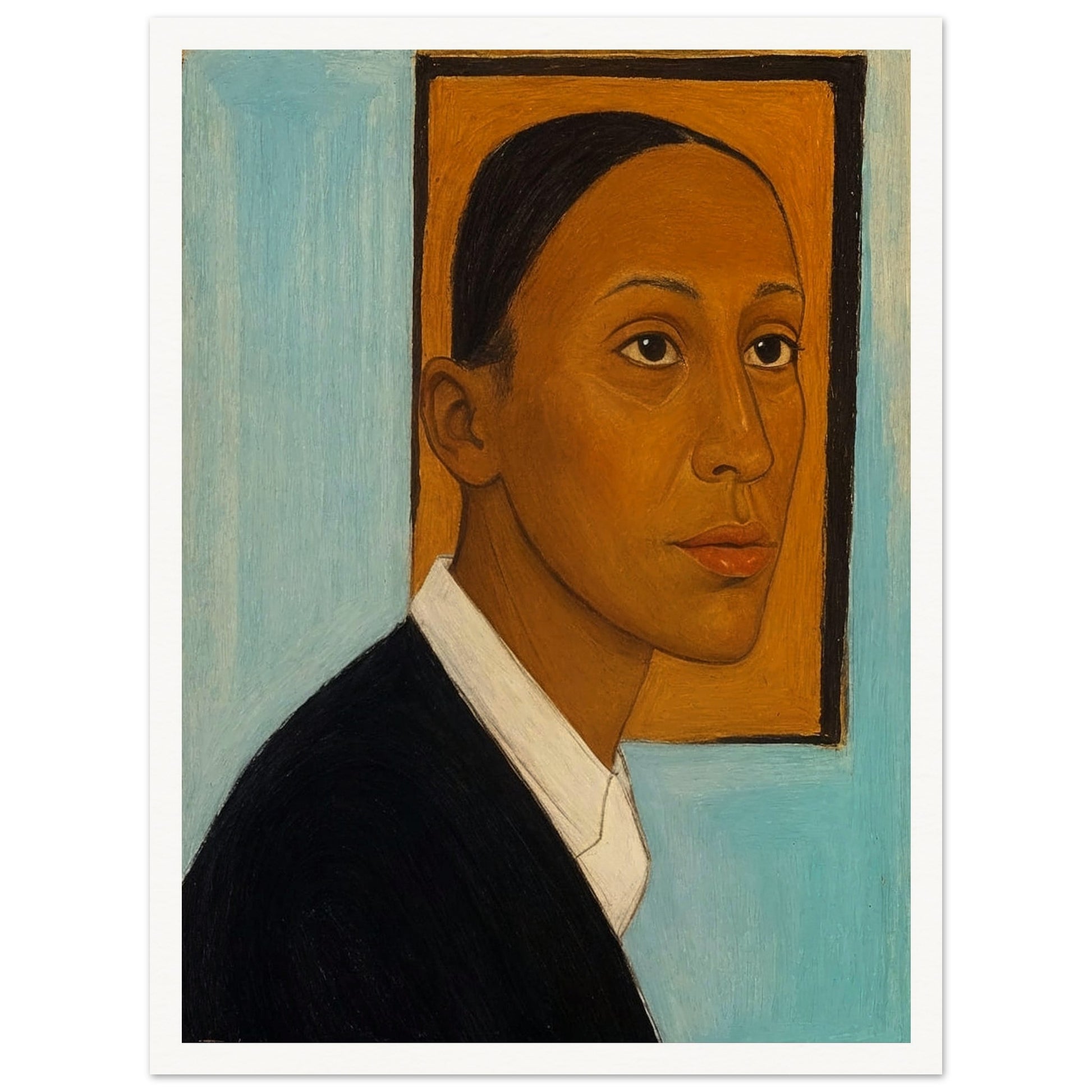 Stylized painting of a person in profile wearing a black jacket and white shirt against a light blue background with an orange frame behind the head.