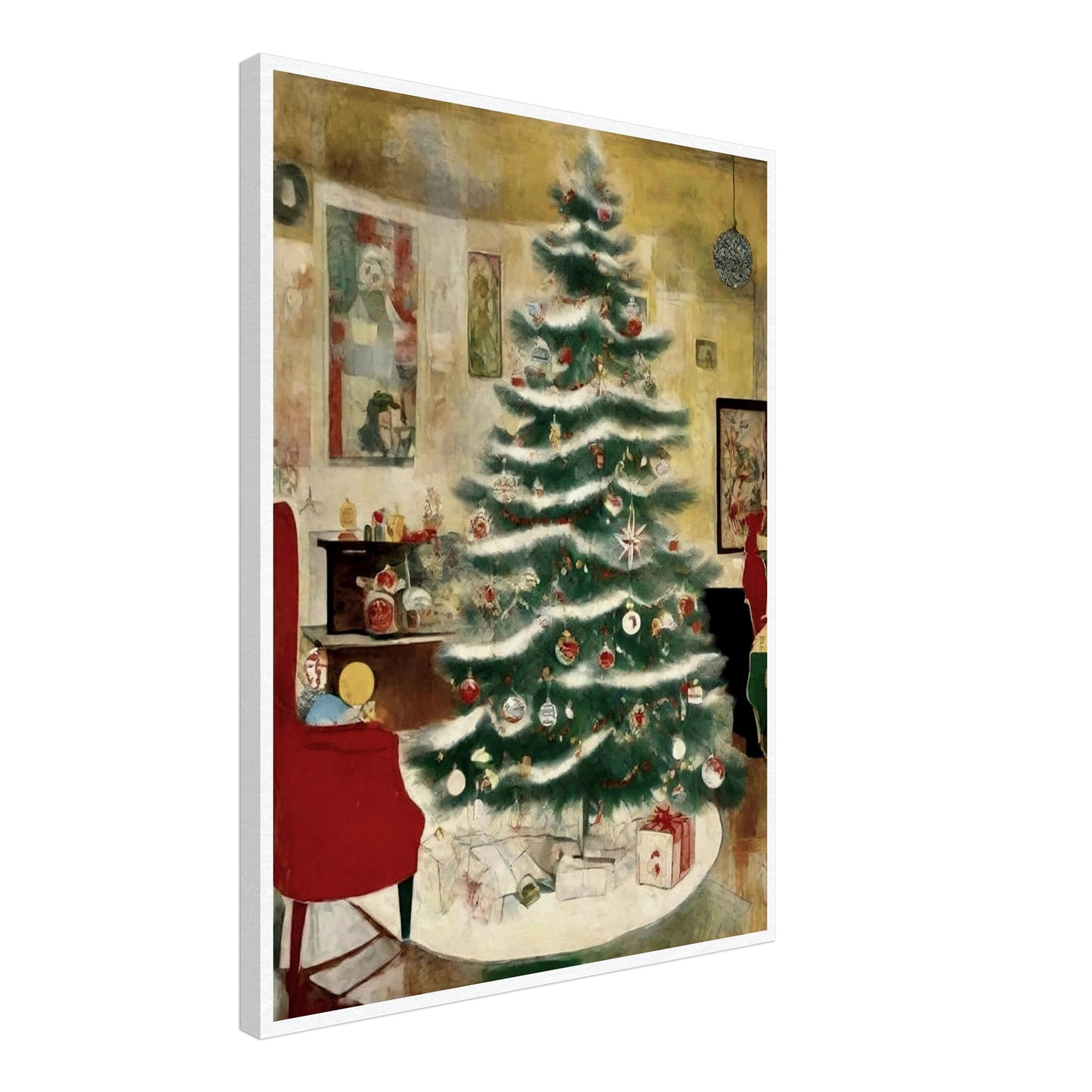A cozy living room scene featuring a beautifully decorated Christmas tree adorned with ornaments and surrounded by presents, evoking the warmth of the holiday season.