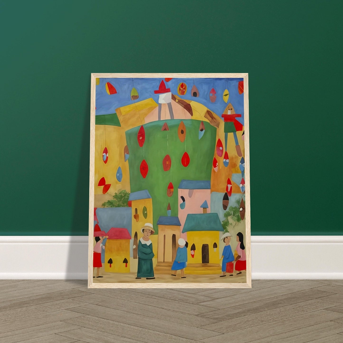 Vibrant painting of a festive village scene with colorful houses and people celebrating under hanging decorations.