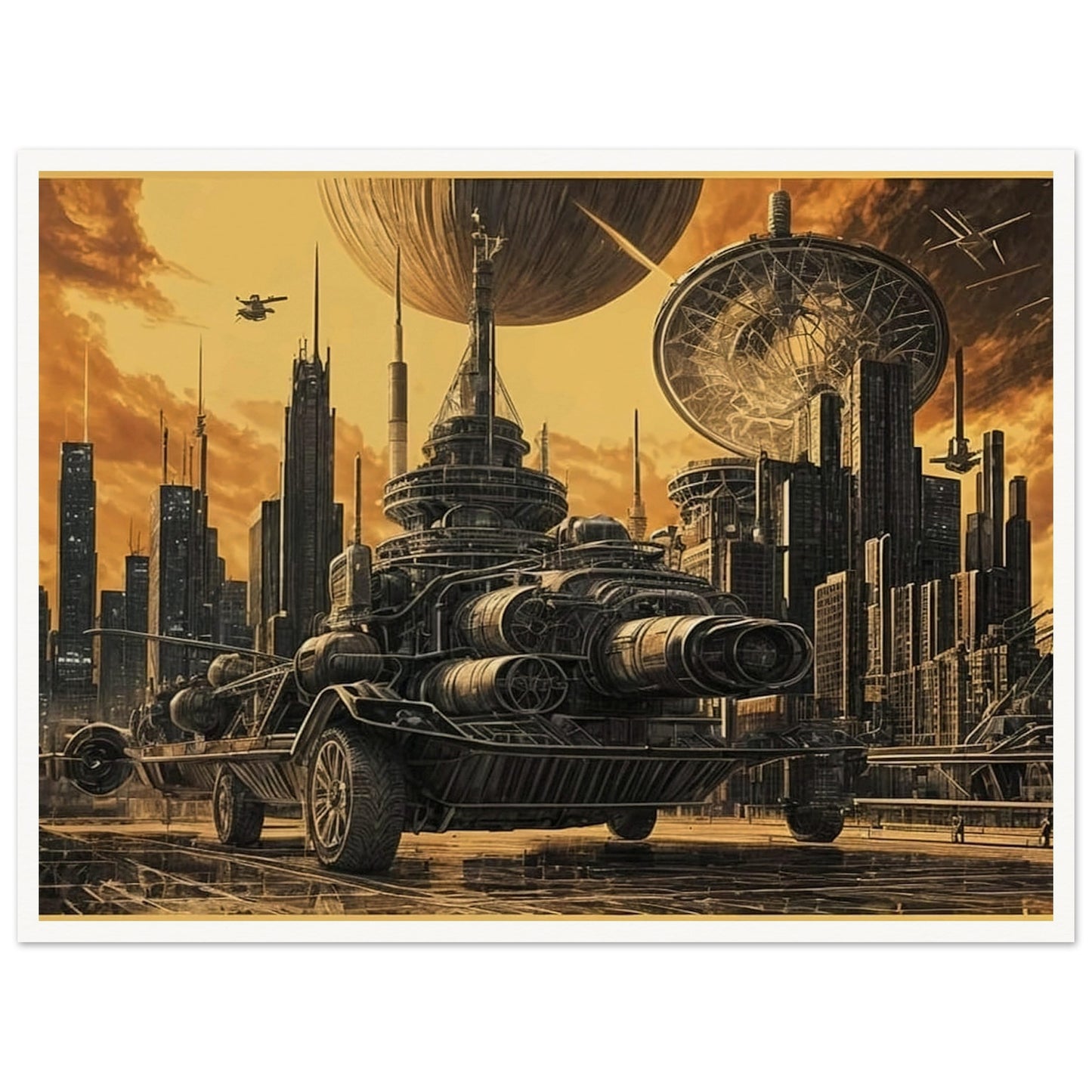 A massive futuristic machine rolls through a towering, industrial city under a golden sky, surrounded by advanced technology and spacecraft.