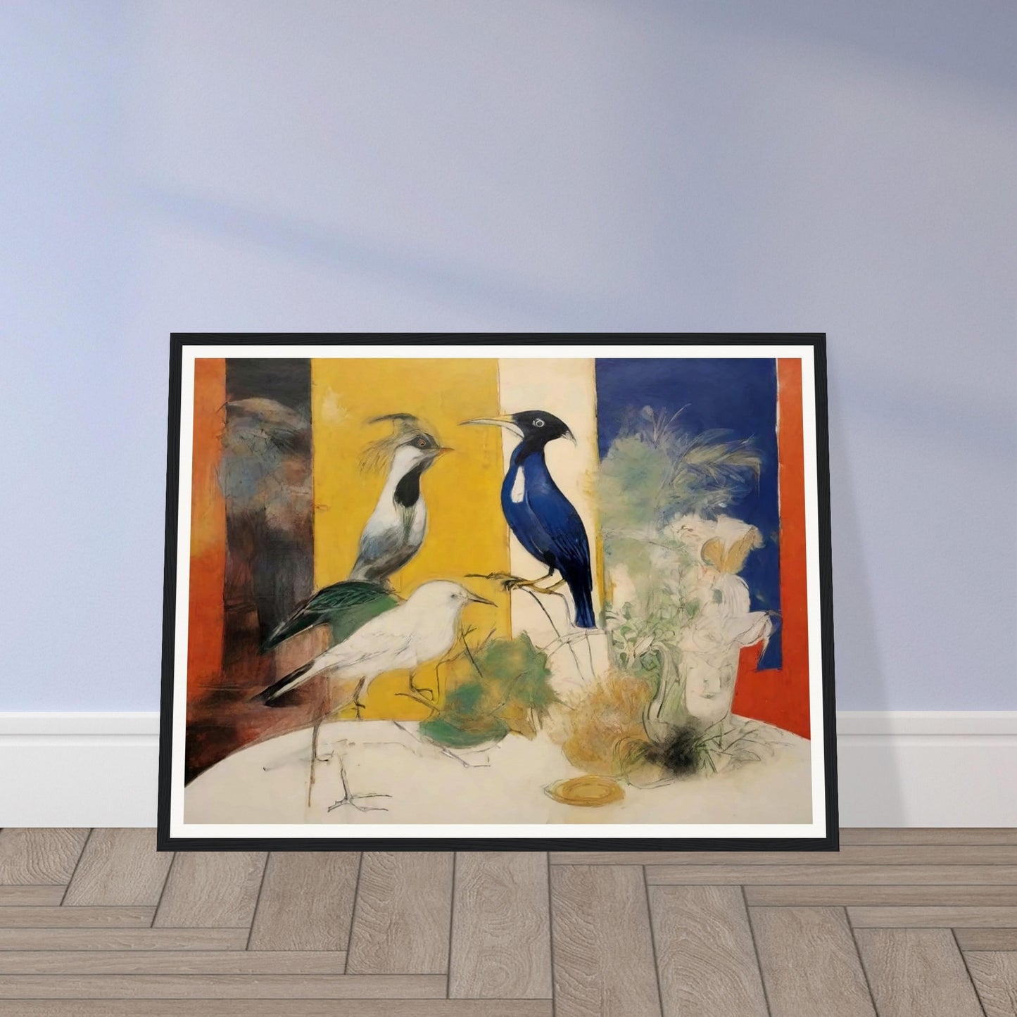 "A striking composition featuring three birds in front of bold color panels, with delicate sketches of plants and flowers surrounding them."
