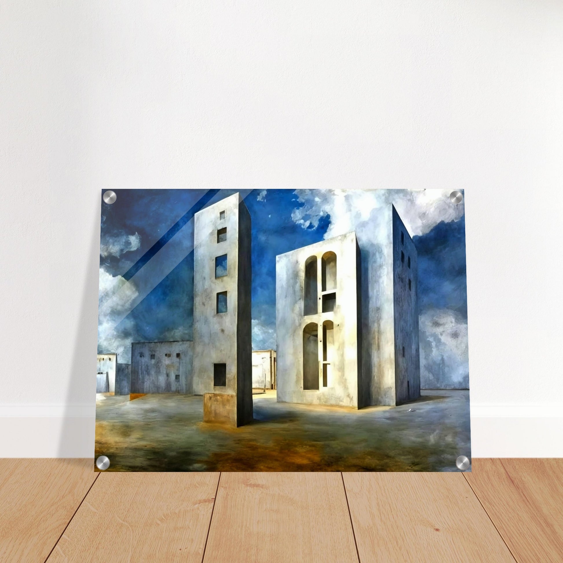 A surreal landscape featuring towering, geometric buildings with windows and arches set against a deep blue sky with dramatic clouds.