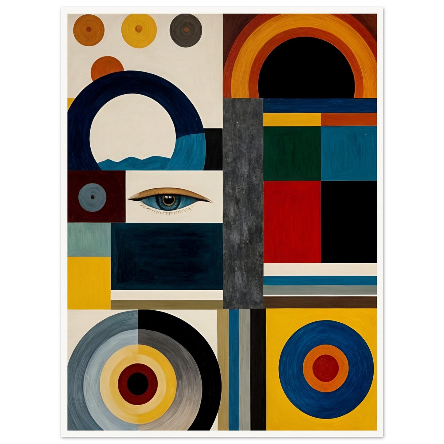 A bold geometric painting featuring an eye, circular and rectangular patterns, and a mix of deep blues, reds, yellows, and neutral tones.