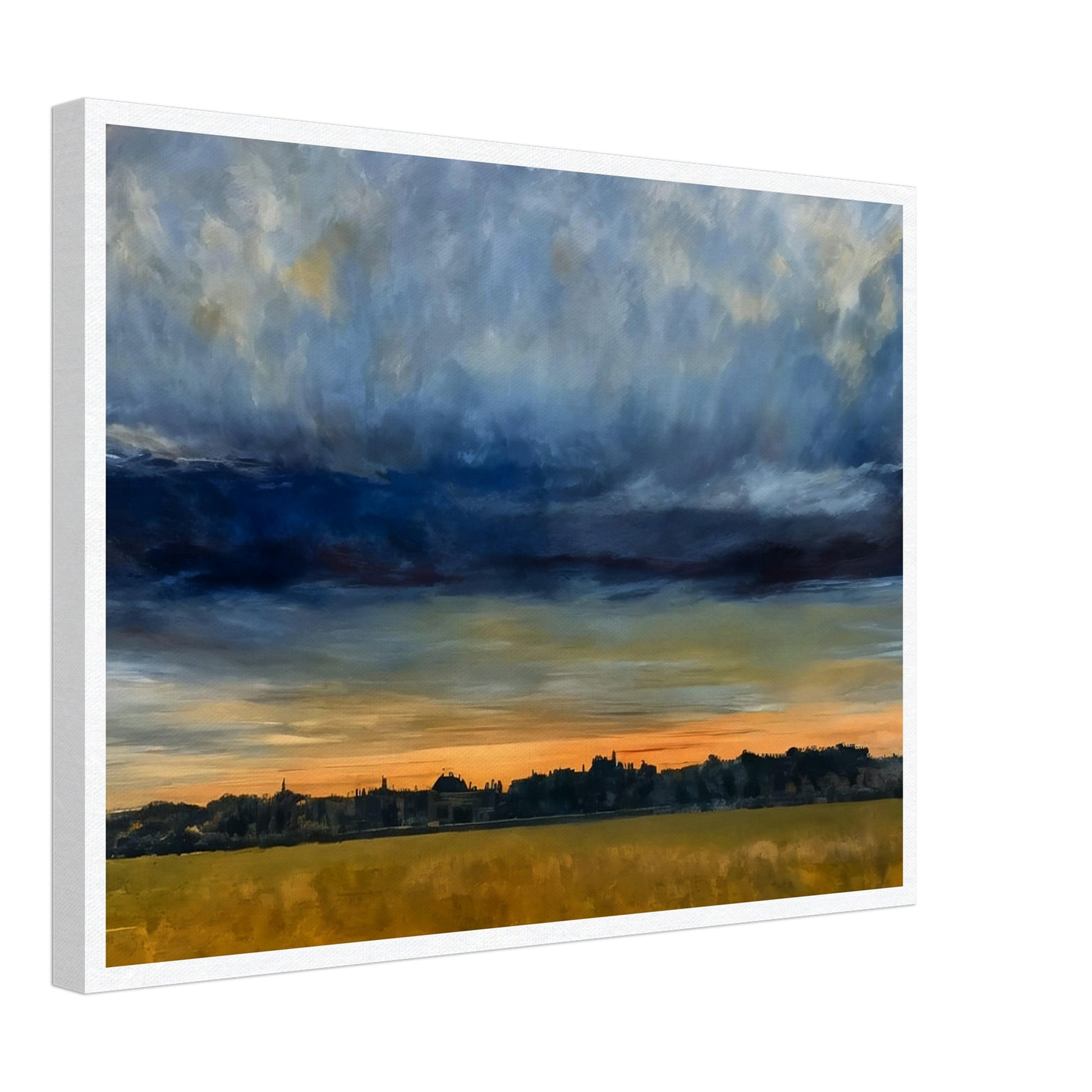 A distant cityscape under a dramatic sky at dusk, with the horizon glowing orange and a vast field in the foreground.