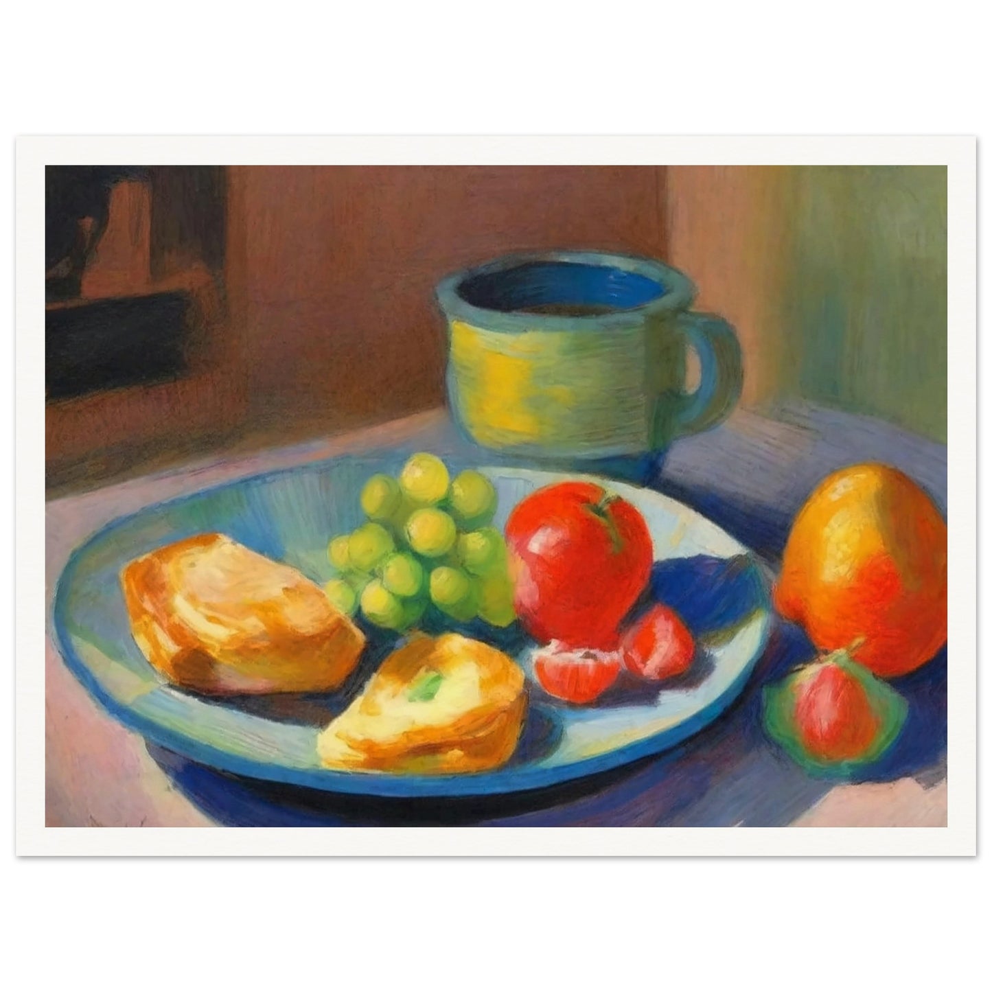 A still life painting featuring a breakfast plate with grapes, bread, and fruit beside a ceramic mug, bathed in soft morning light.
