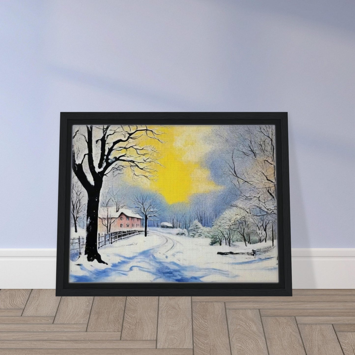 A serene winter landscape with snow-covered trees and a winding path leading to a distant house, illuminated by a warm yellow sunrise against a blue sky.
