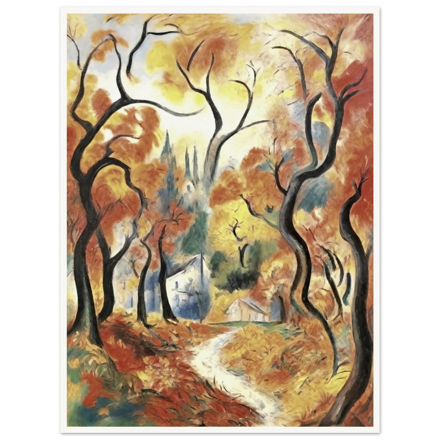 "A vibrant autumn landscape with twisted trees and a winding path leading to a cottage, framed by golden and orange leaves."