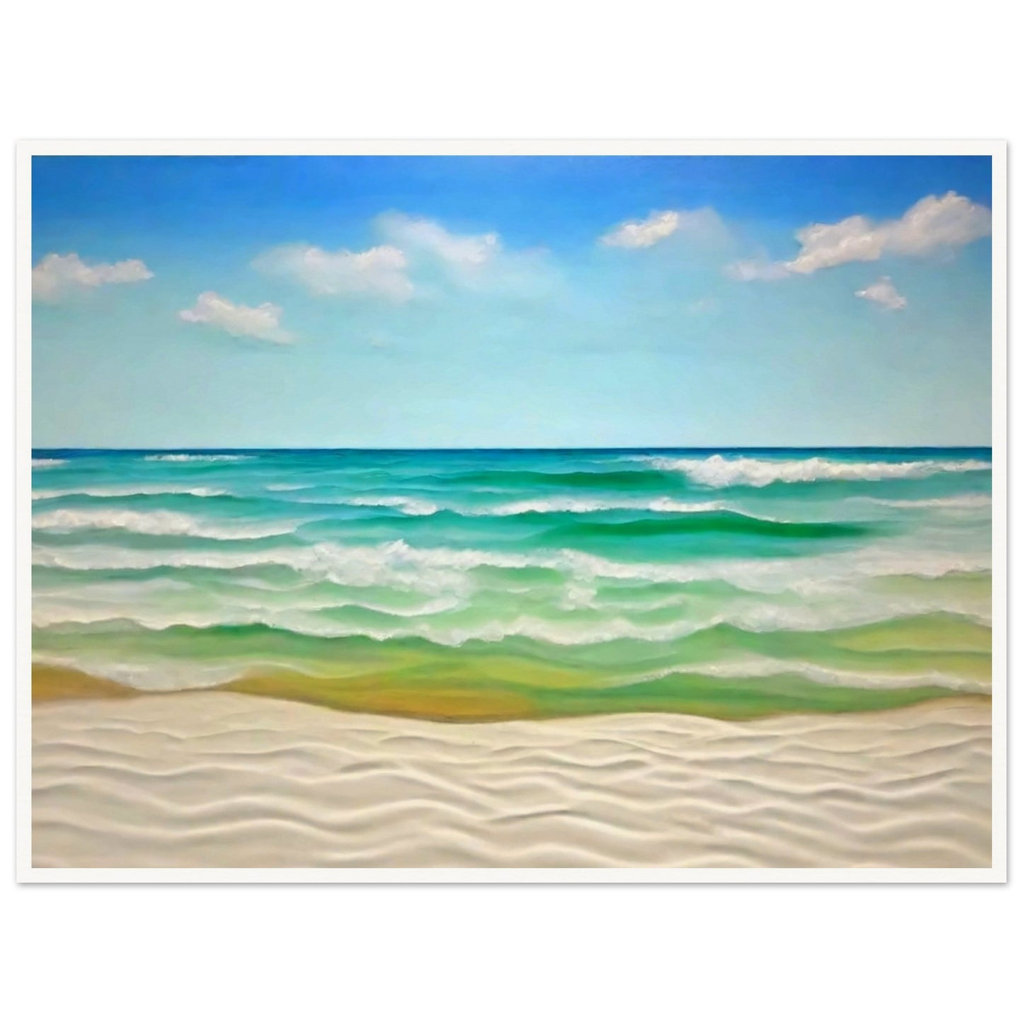 "A peaceful seascape painting of gentle waves rolling onto a white sandy beach under a clear blue sky with soft clouds."