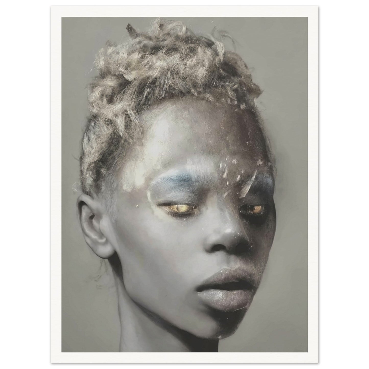 A powerful and ethereal portrait of a person with textured skin, golden eyes, and silvery hair, blending realism and surrealism to create a captivating and otherworldly appearance.