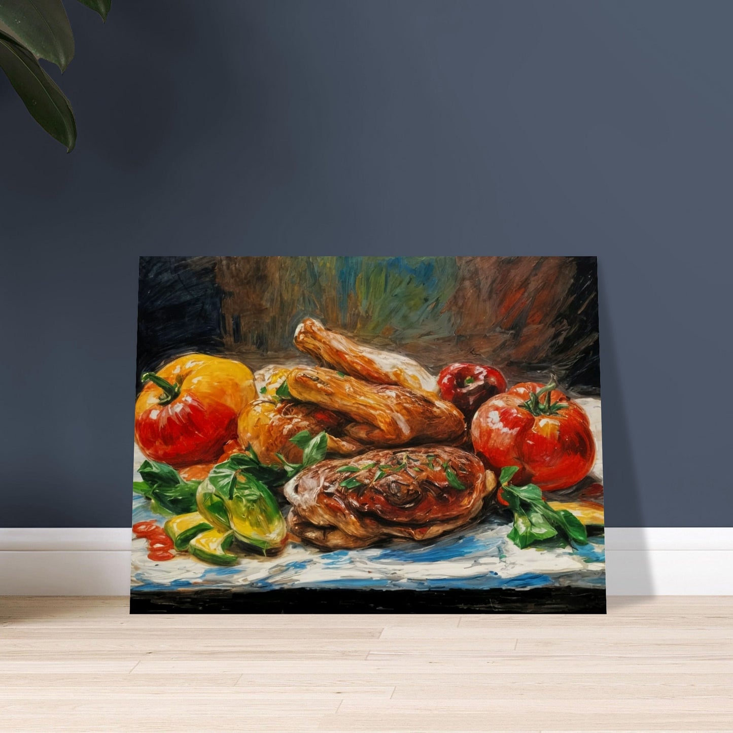 A colorful arrangement of roasted meats and fresh vegetables, including bright tomatoes and peppers, displayed on a rustic background.