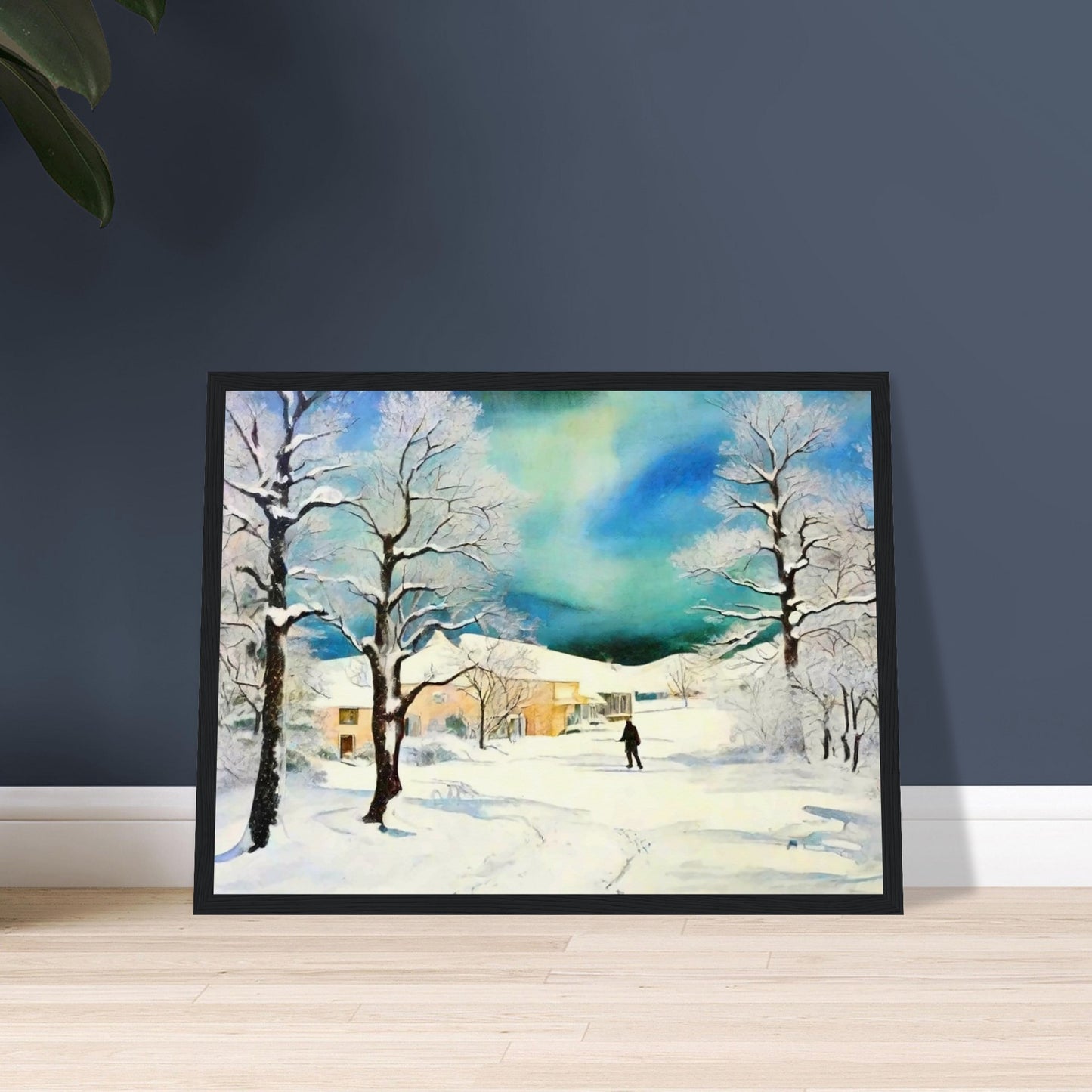 A serene winter landscape featuring snow-covered trees, a lone figure walking through the snow, and warm houses nestled under a stunning blue-green sky.