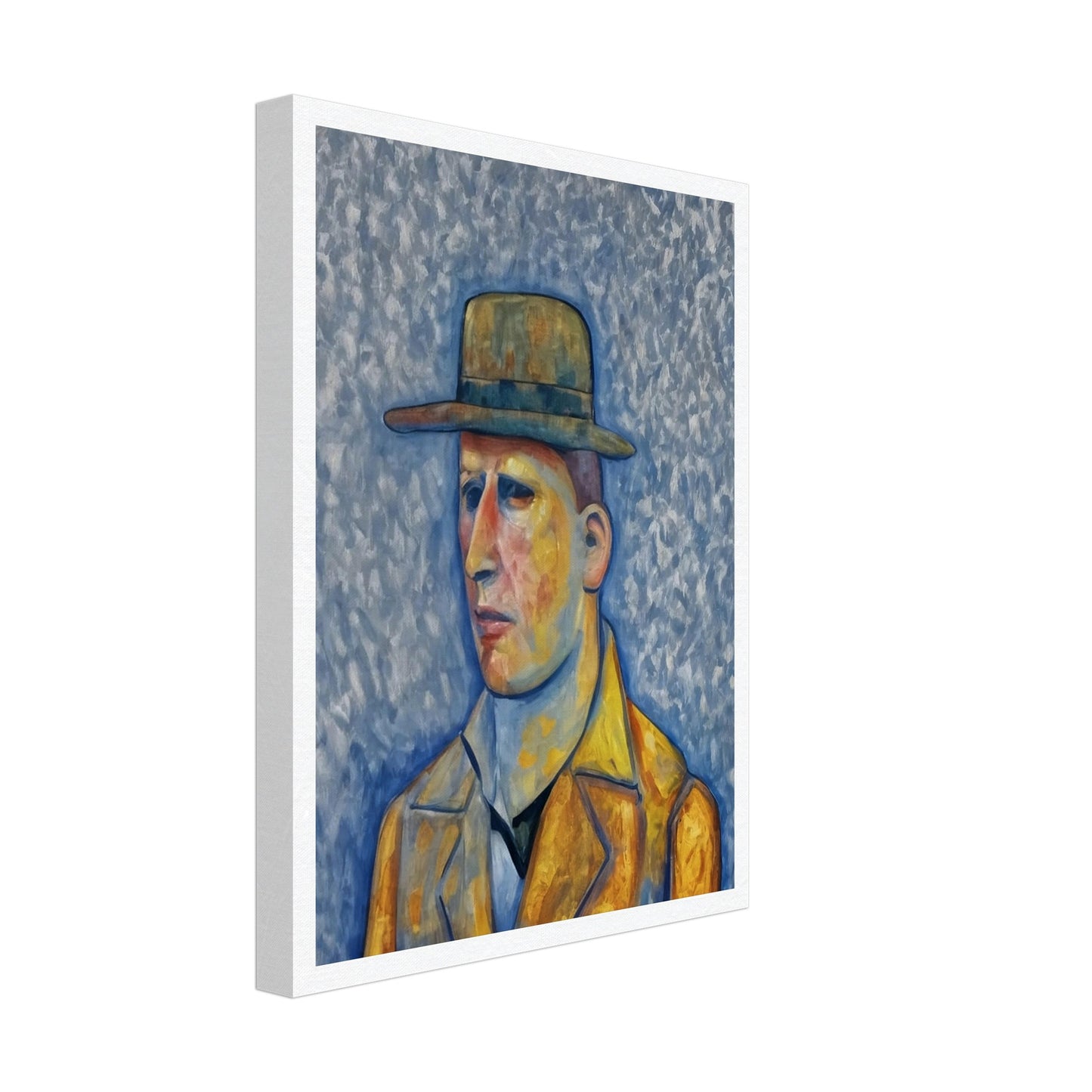 A stylized portrait of a man in a yellow coat and green hat, set against a textured blue background, with a solemn expression on his face.