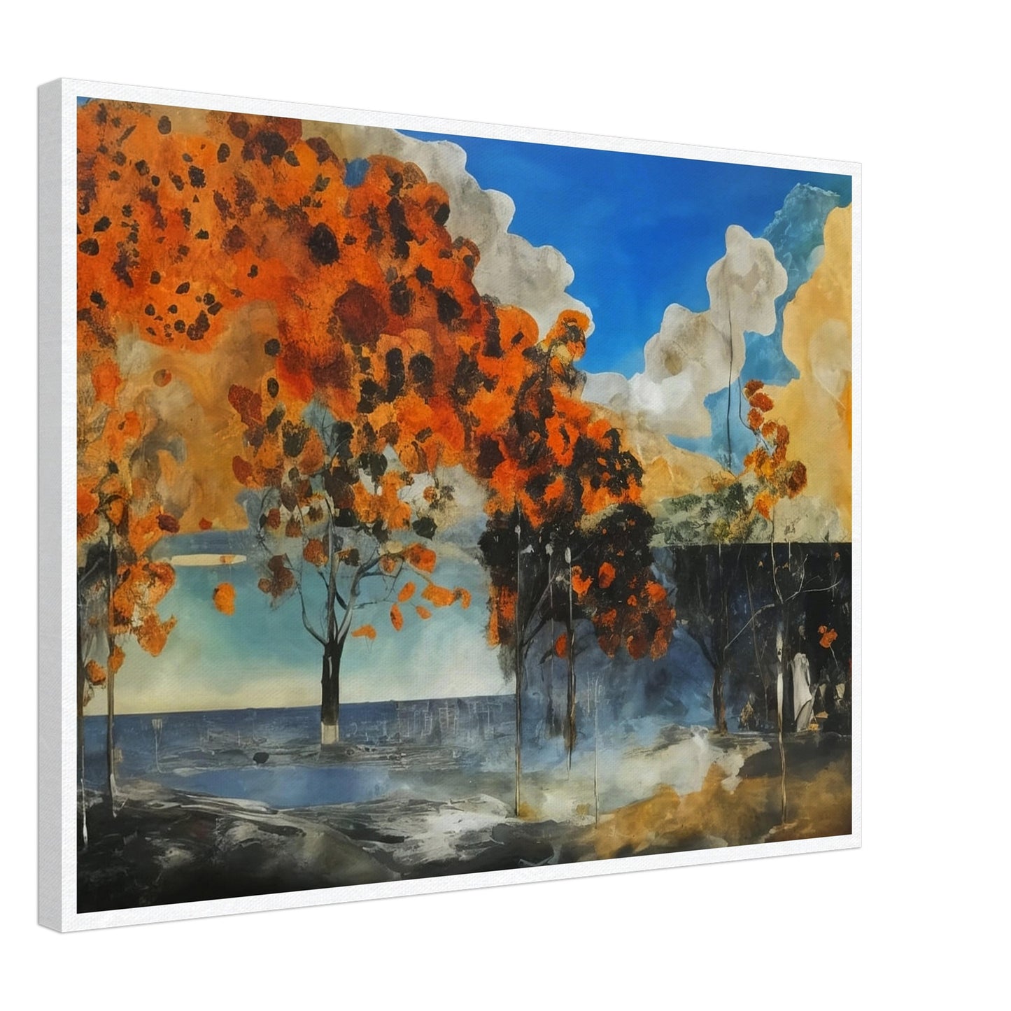 A captivating painting of autumn trees with vibrant orange foliage set against a bright blue sky and dark, shadowy foreground.
