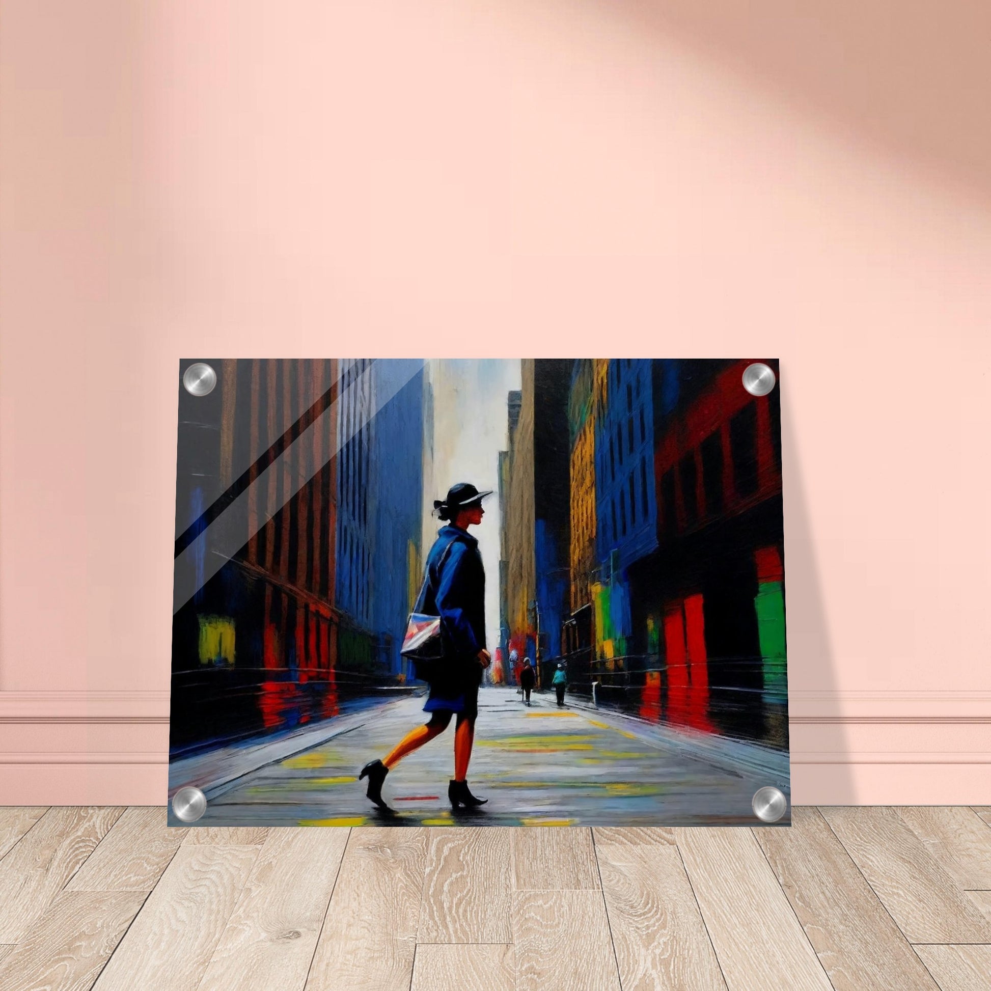 A vibrant painting of a woman walking through a colorful city street, with towering buildings and reflective surfaces.