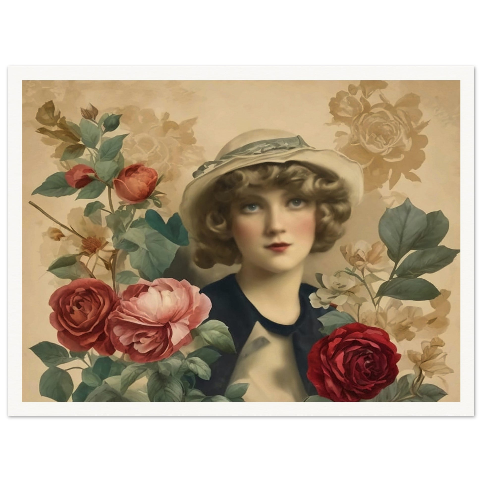 A vintage-style portrait of a woman in a hat, surrounded by blooming roses in soft, muted colors.