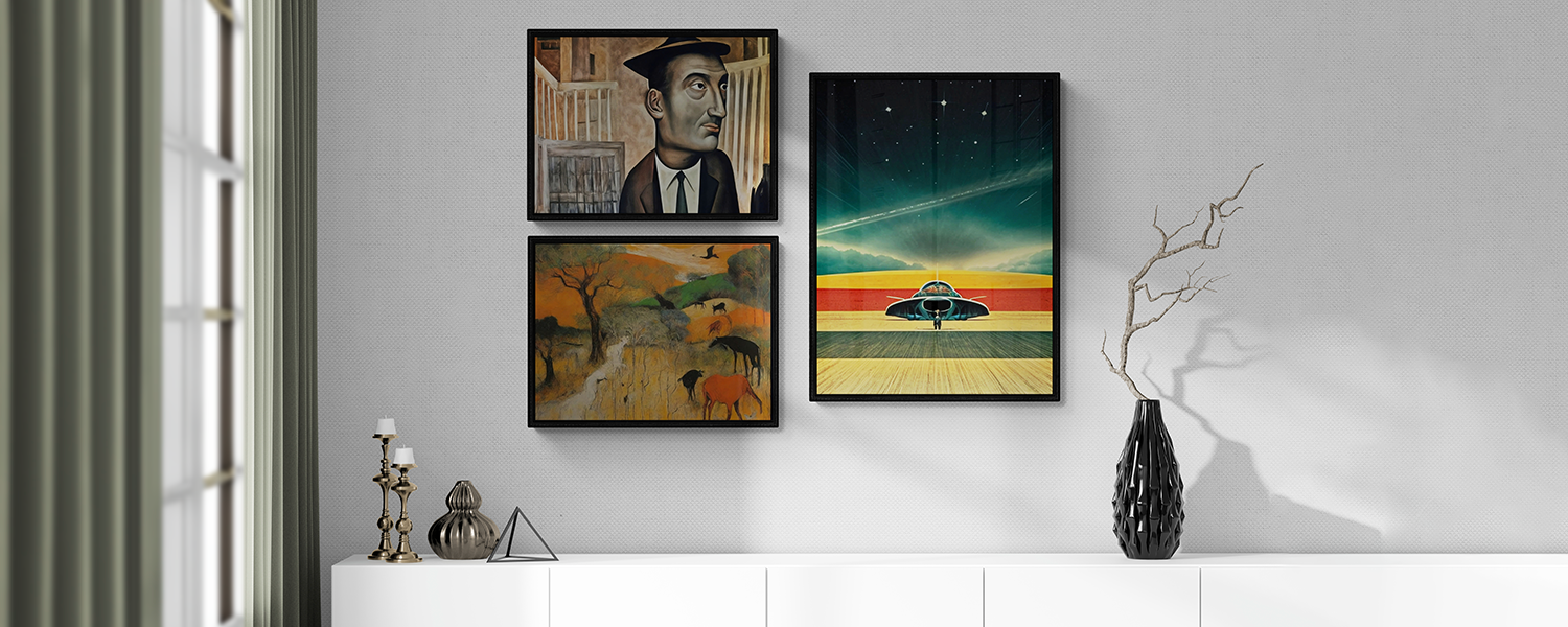 Modern living room with a minimalist design, featuring a gallery wall of eclectic framed artwork, a sleek white console, and decorative accents.