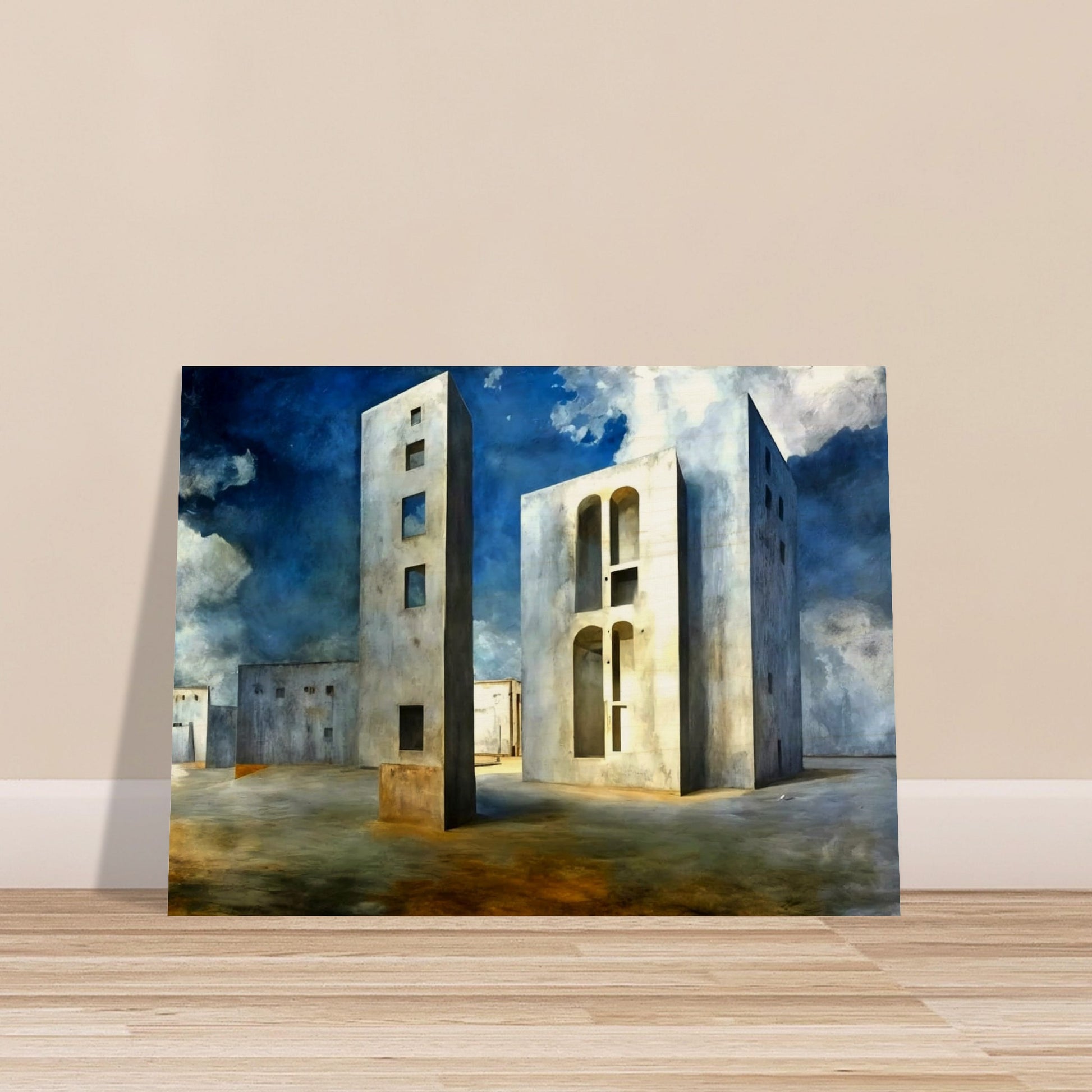 A surreal landscape featuring towering, geometric buildings with windows and arches set against a deep blue sky with dramatic clouds.