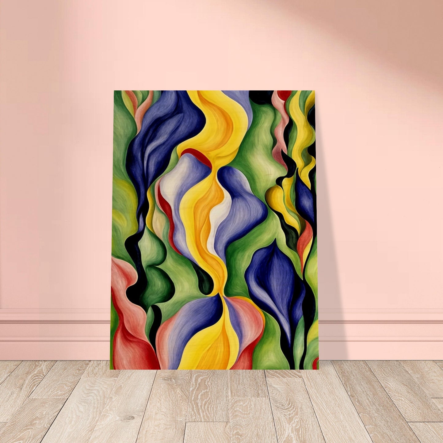 An abstract painting with vibrant, flowing shapes in hues of yellow, blue, green, and red, creating a dynamic and lively composition.