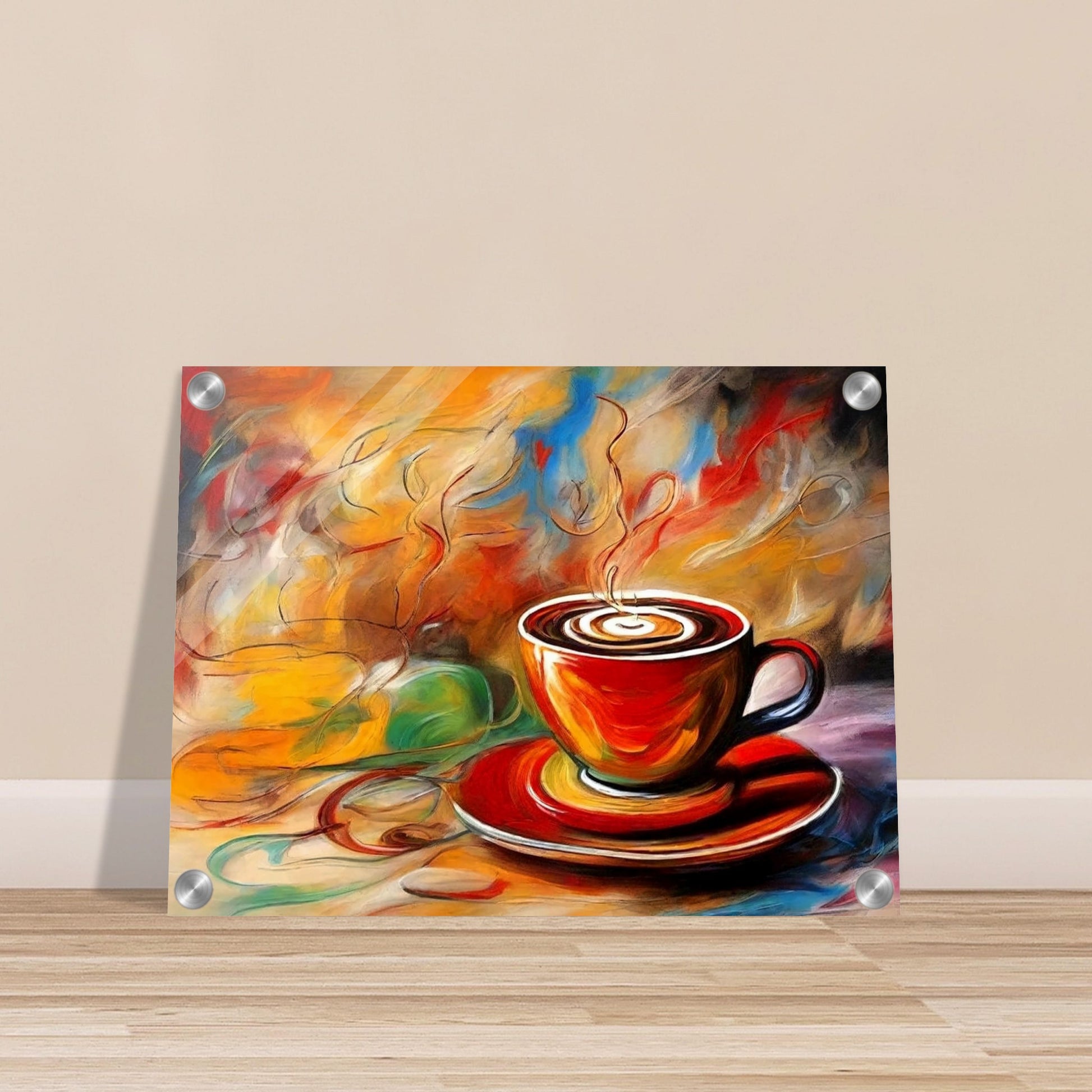 "An expressive painting of a steaming cup of coffee in a red cup with swirling colors of orange, yellow, and blue in the background."