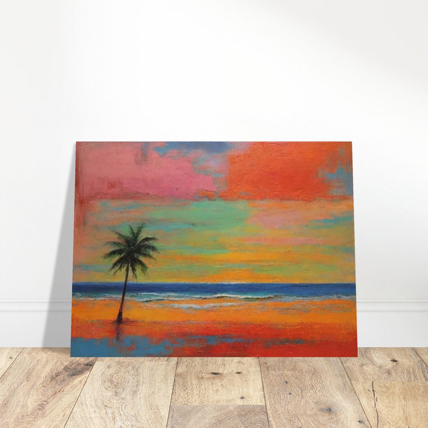 A vibrant tropical sunset with a lone palm tree silhouetted against a colorful sky blending pink, orange, green, and blue hues.