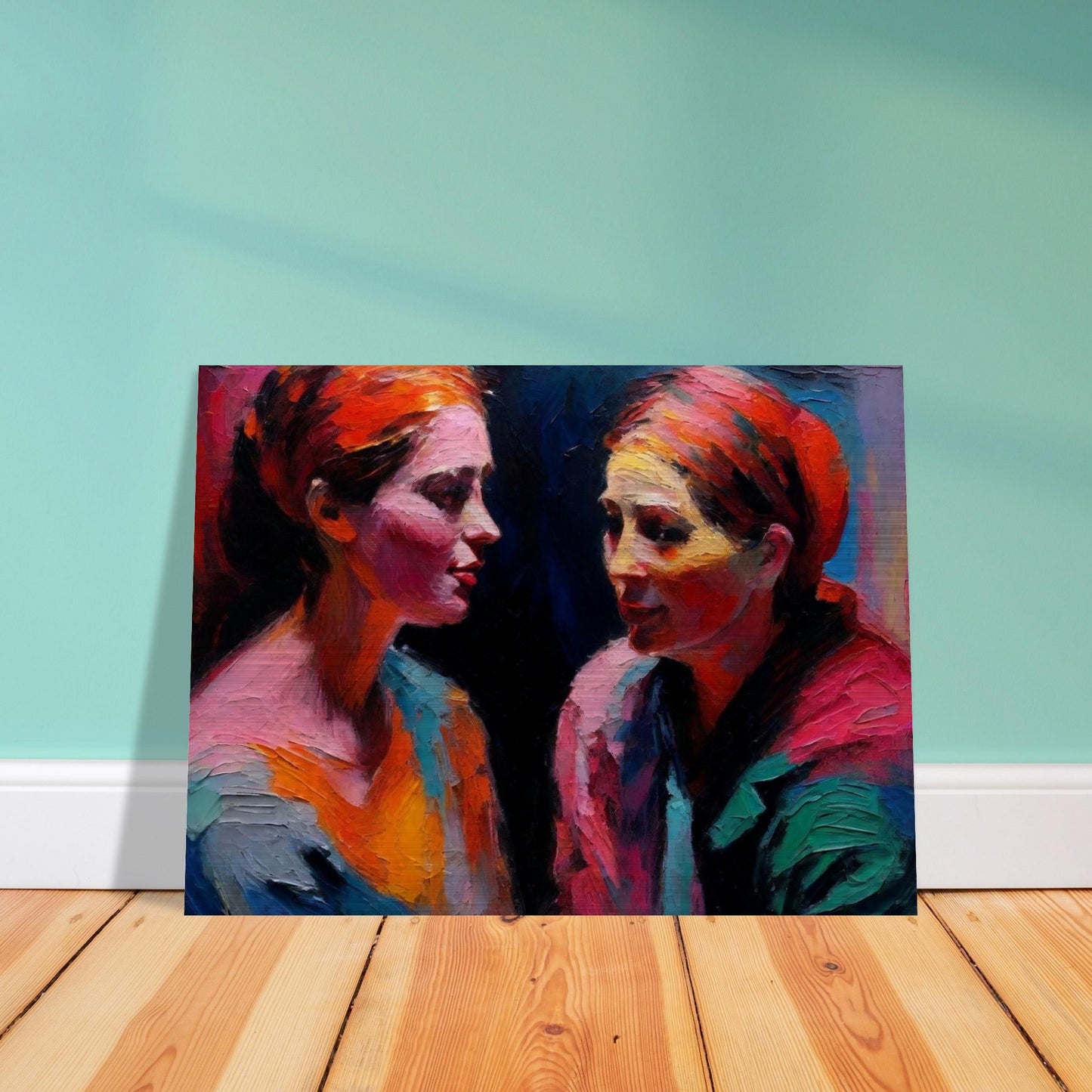 An expressive painting of two women engaged in a deep conversation, using bold and vibrant colors.