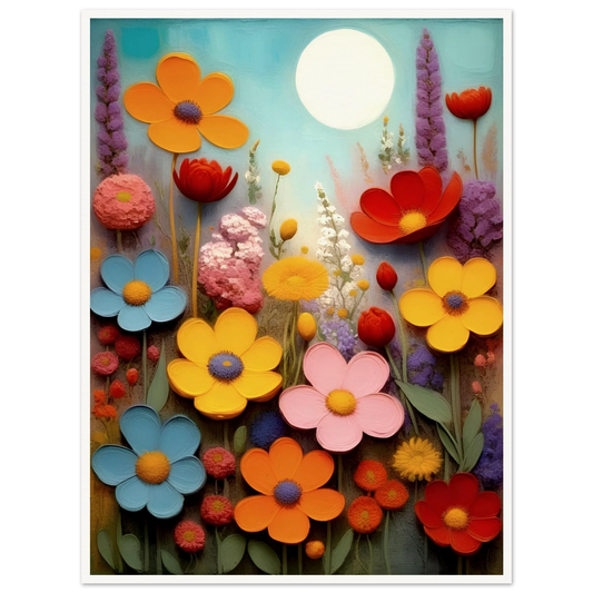 A vibrant floral arrangement with vivid red, orange, blue, and yellow flowers blooming under a glowing sun against a pastel sky.