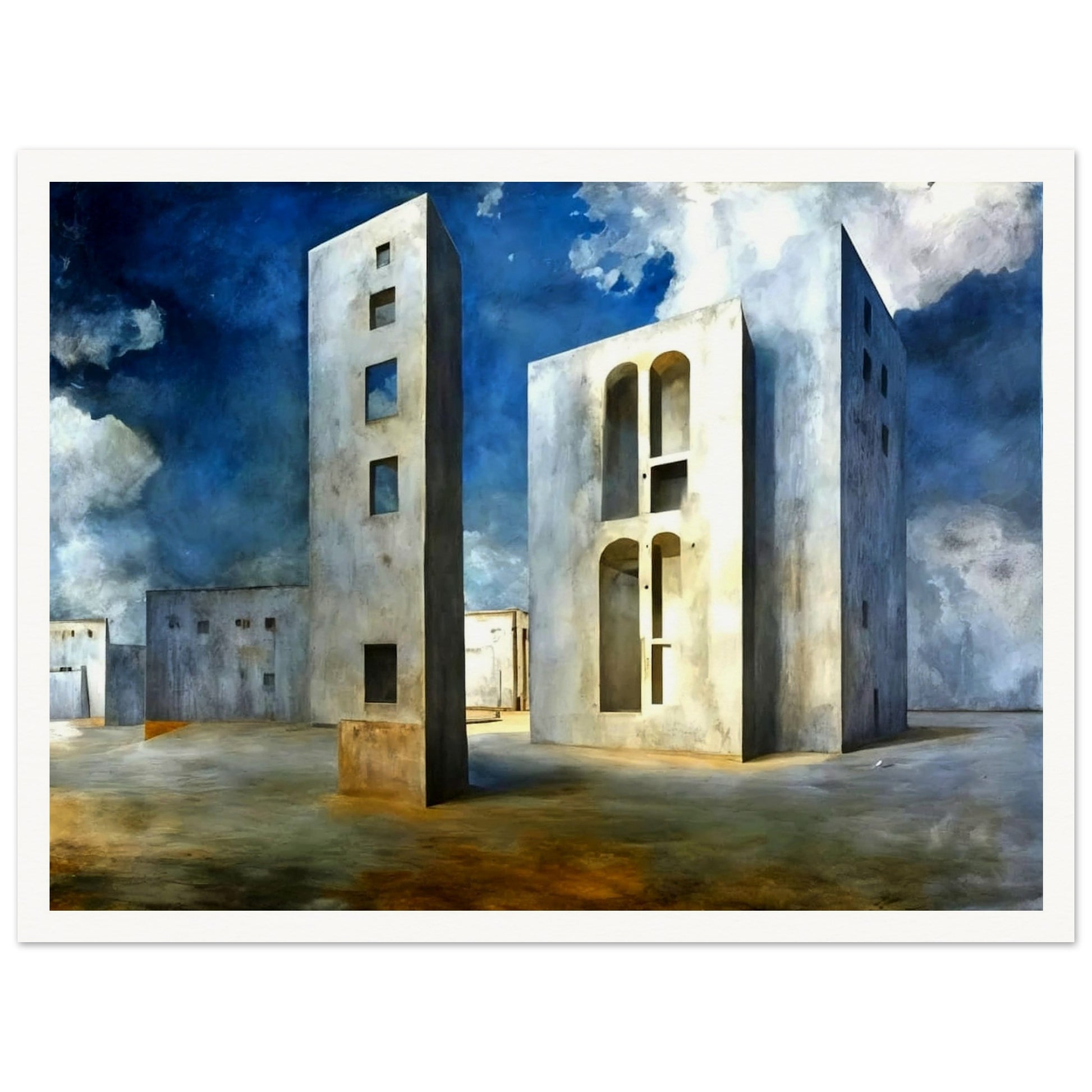 A surreal landscape featuring towering, geometric buildings with windows and arches set against a deep blue sky with dramatic clouds.