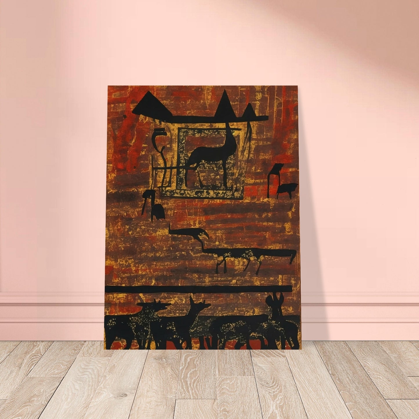 A rustic painting of silhouetted animals and geometric shapes on an earthy, textured background with rich red and brown hues.