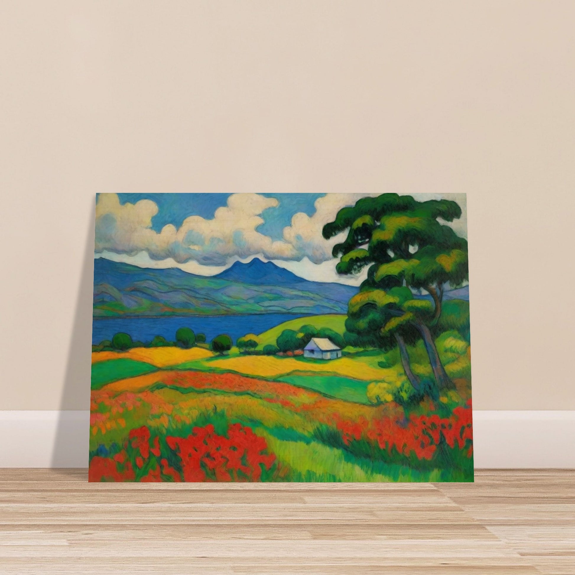 "A vibrant landscape painting featuring rolling hills, a calm lake, and colorful fields of red, yellow, and green, with a distant mountain."