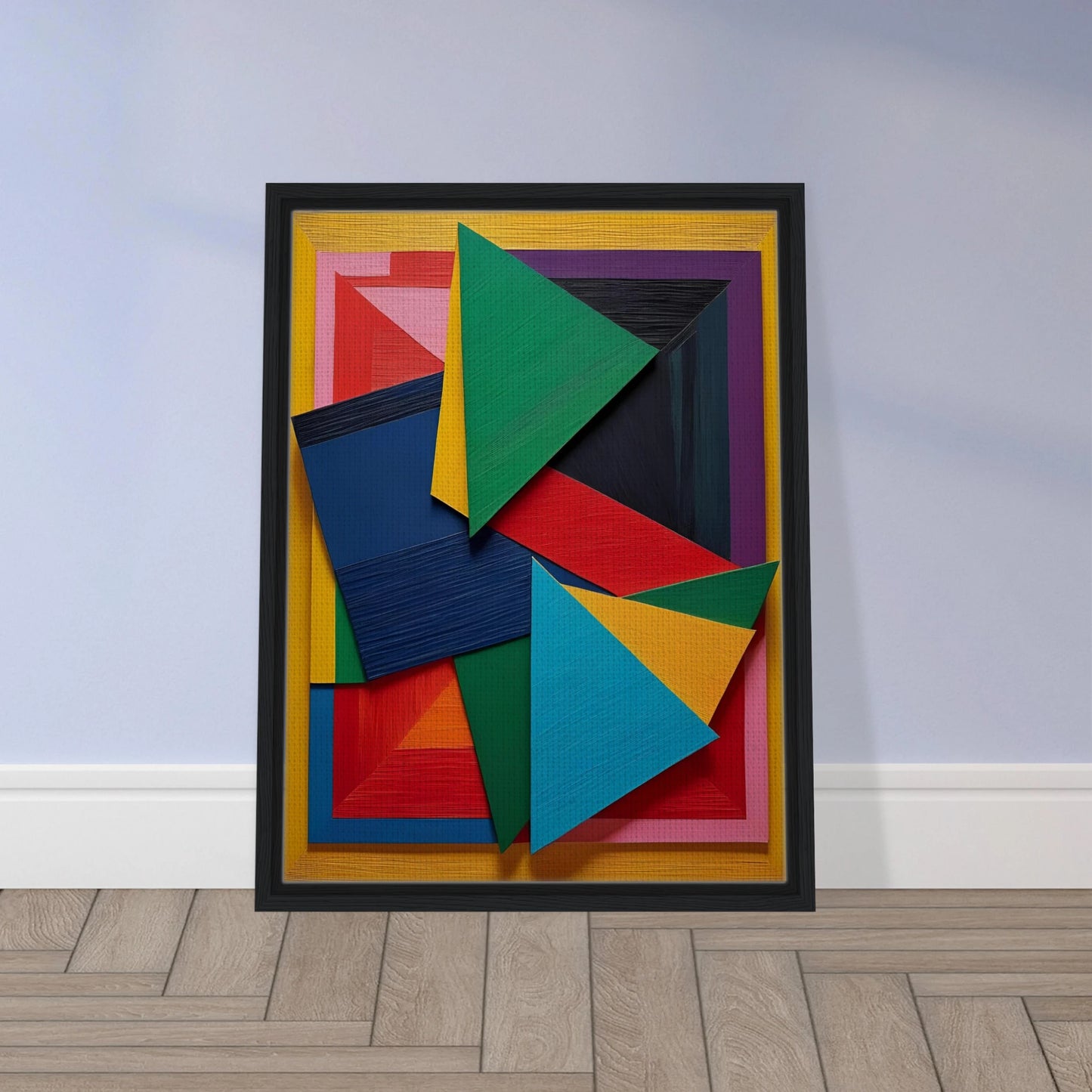 A vibrant arrangement of layered geometric triangles and rectangles in bold, textured colors on a yellow-framed background.