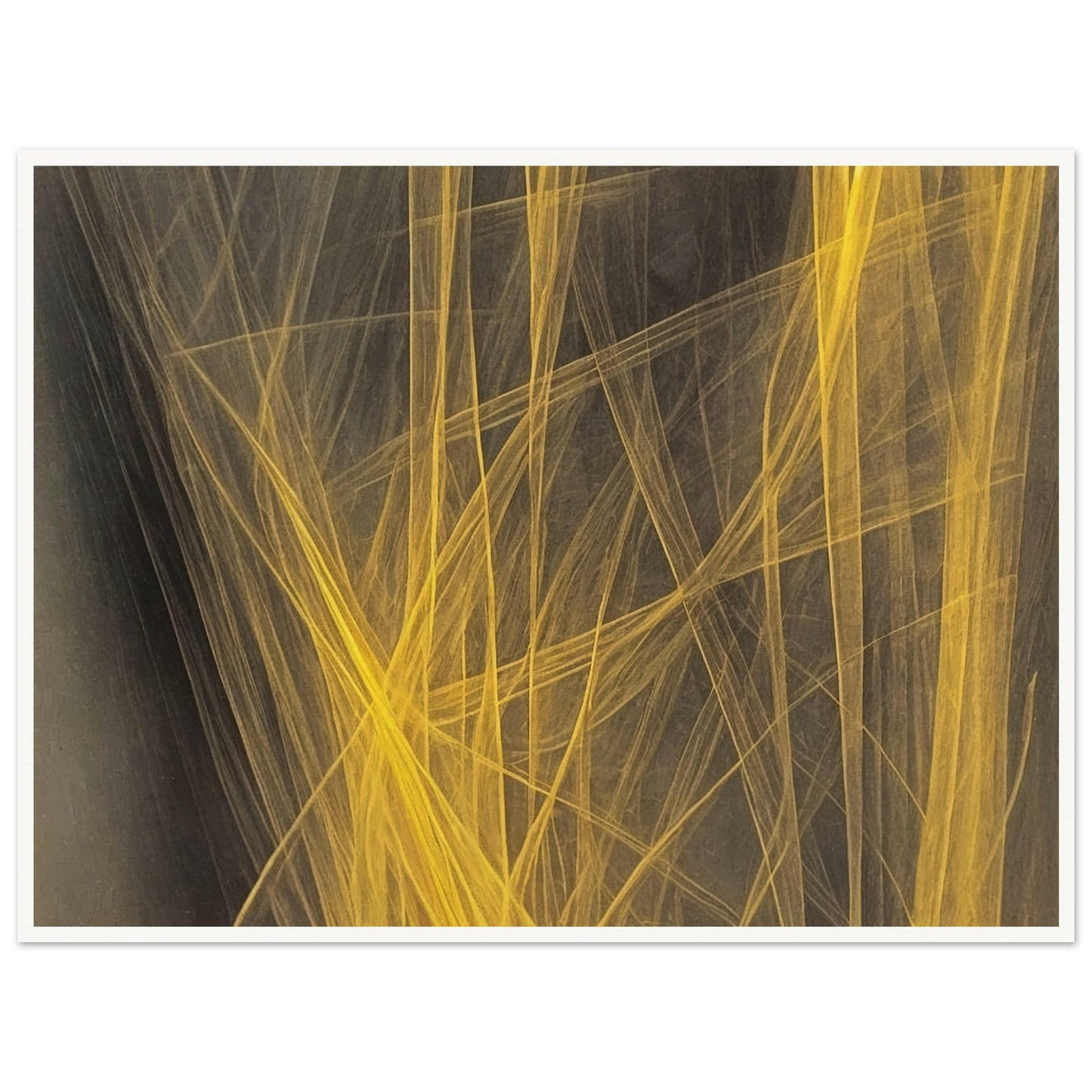 "A striking abstract artwork featuring golden yellow lines interwoven against a dark background, creating an energetic and dynamic visual flow."