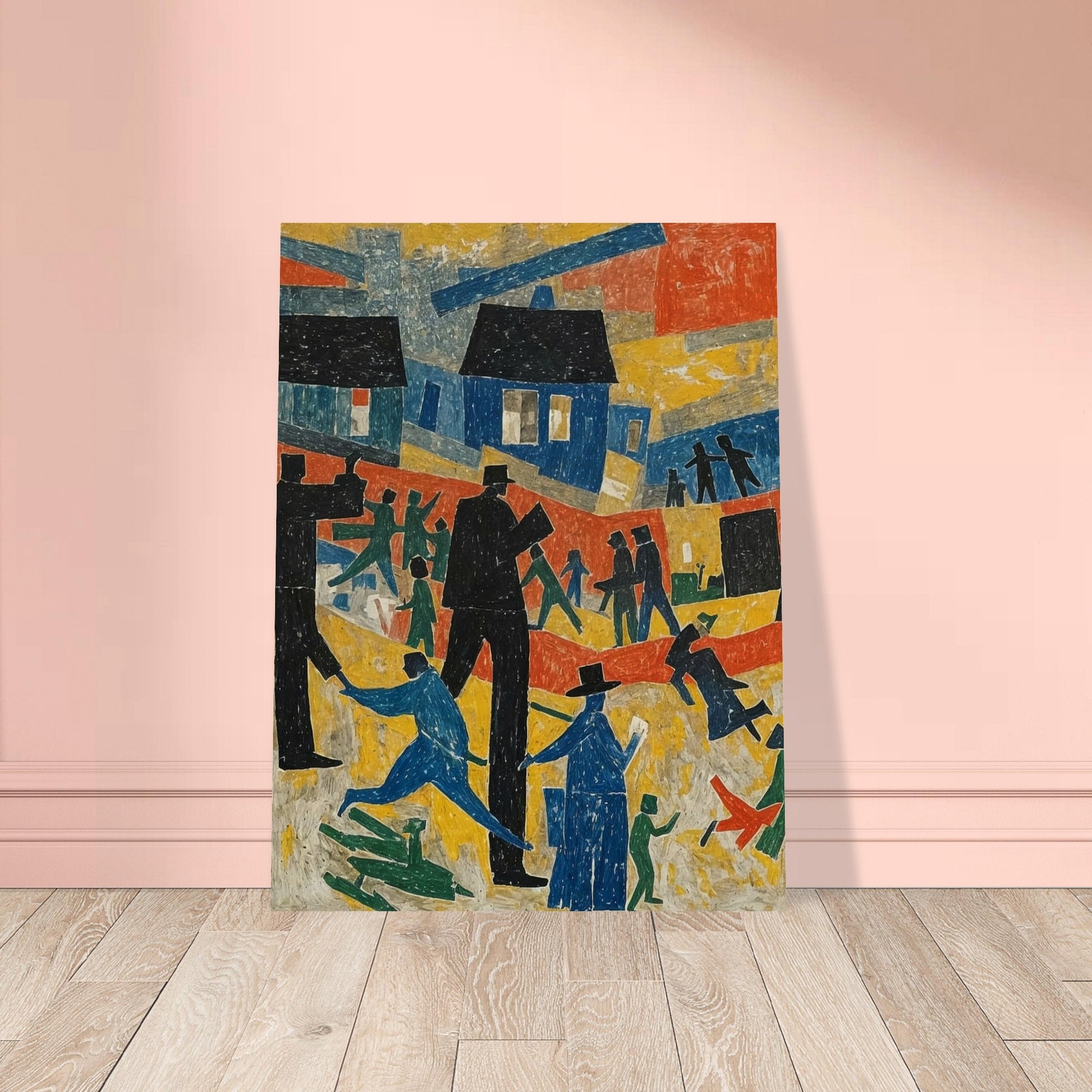 An abstract painting depicting a lively village scene with colorful houses and stylized figures in motion.