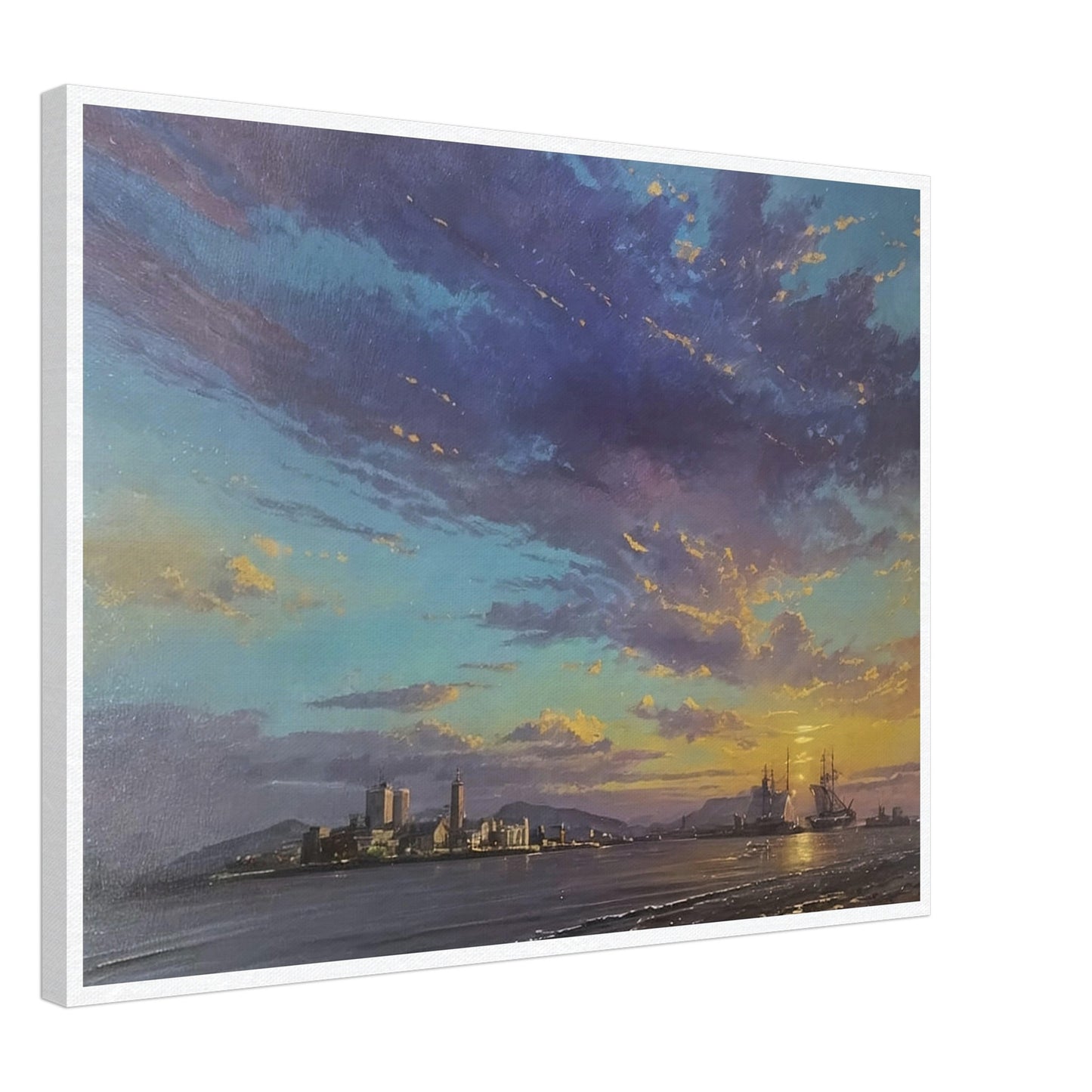 A stunning painting of a harbor at sunset, with ships anchored and a vibrant sky filled with hues of blue, purple, and orange.