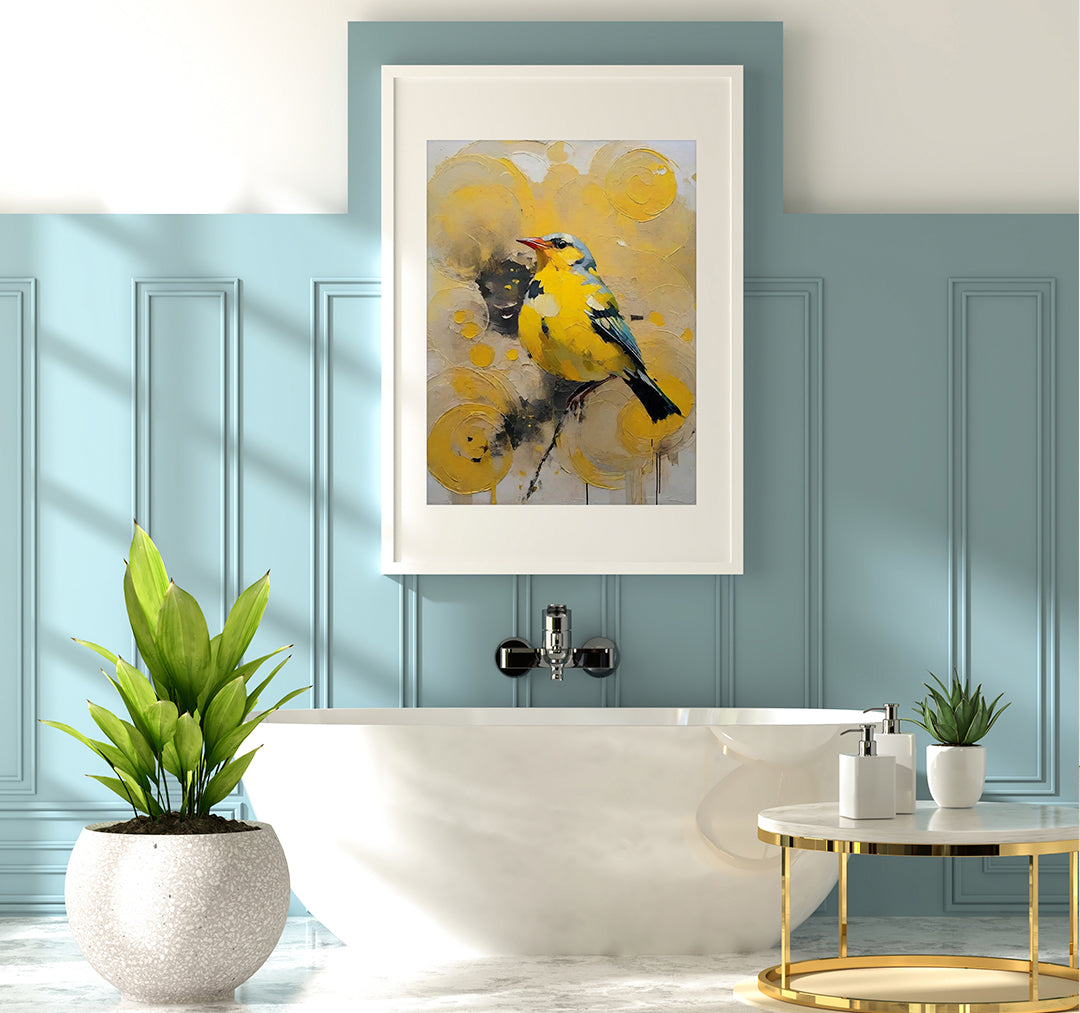 Elegant bathroom with a marble bathtub, gold accents, and a colorful bird painting framed and hung on a soft blue accent wall, complemented by potted plants.