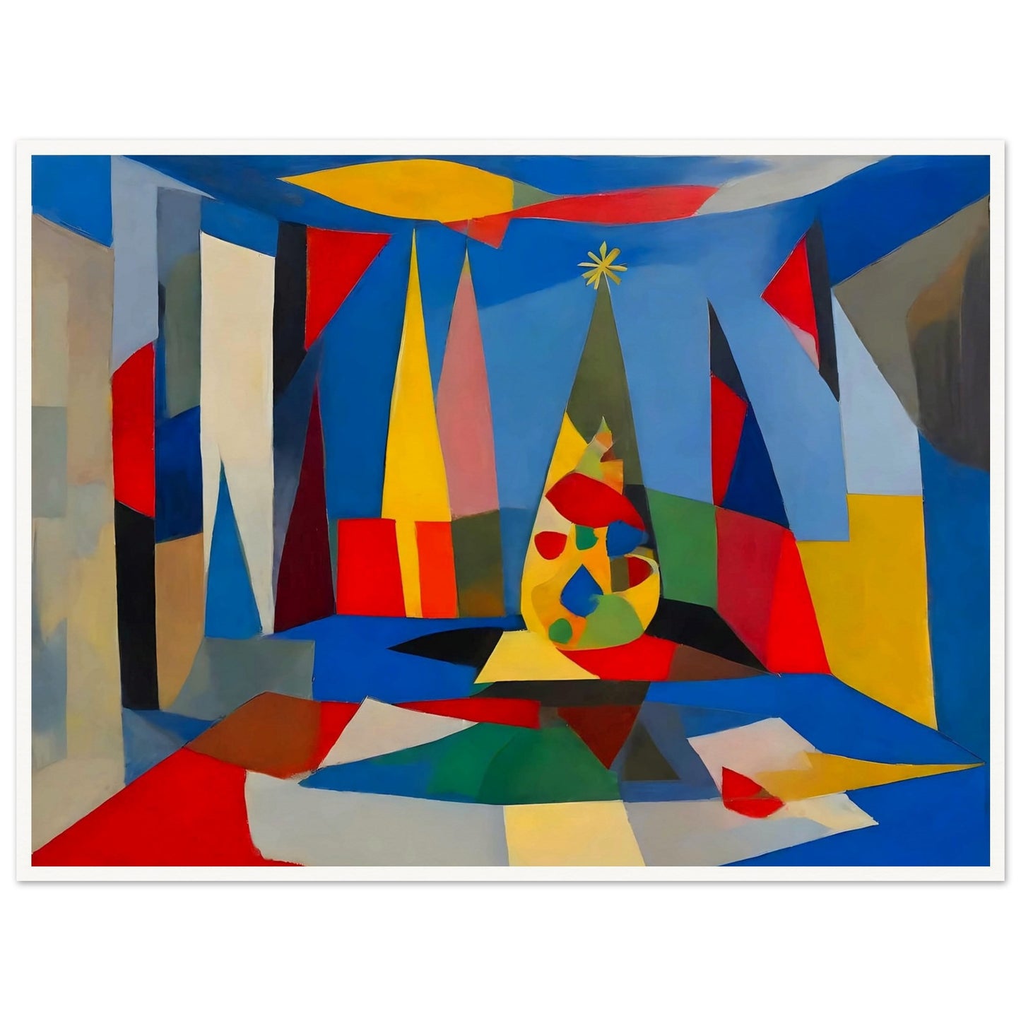 An abstract composition featuring geometric shapes and vibrant colors framing a stylized Christmas tree, creating a modern holiday scene.