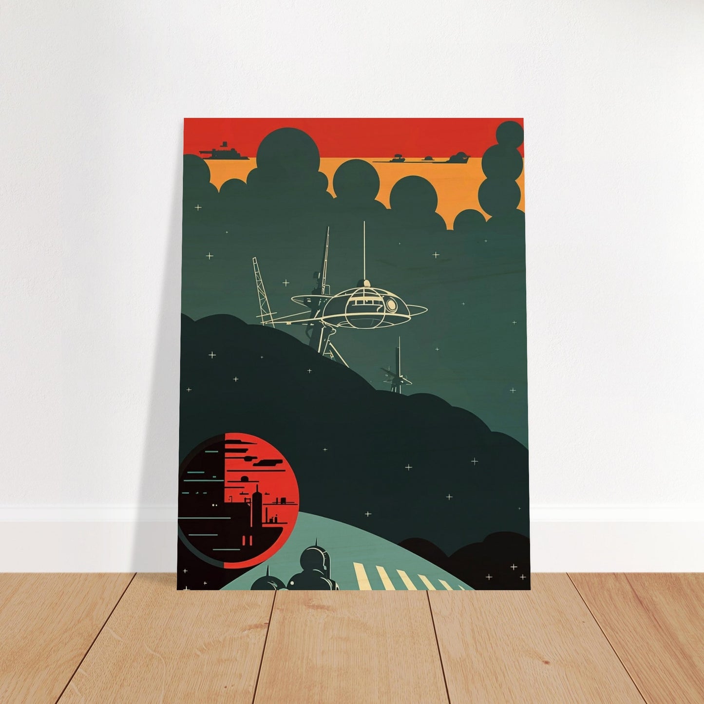 A futuristic scene featuring a space station silhouetted against a dark sky with a glowing red planet in the background, capturing a moment of eerie calm in space.