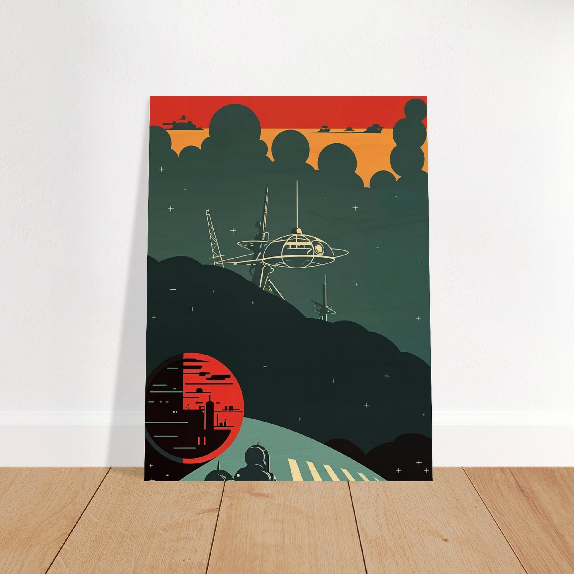 A futuristic scene featuring a space station silhouetted against a dark sky with a glowing red planet in the background, capturing a moment of eerie calm in space.