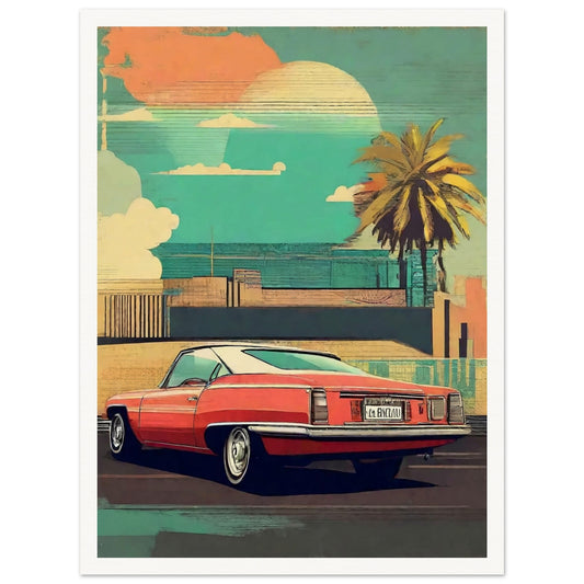 A vintage-style illustration of a red classic car parked near a palm tree with a sunset background.