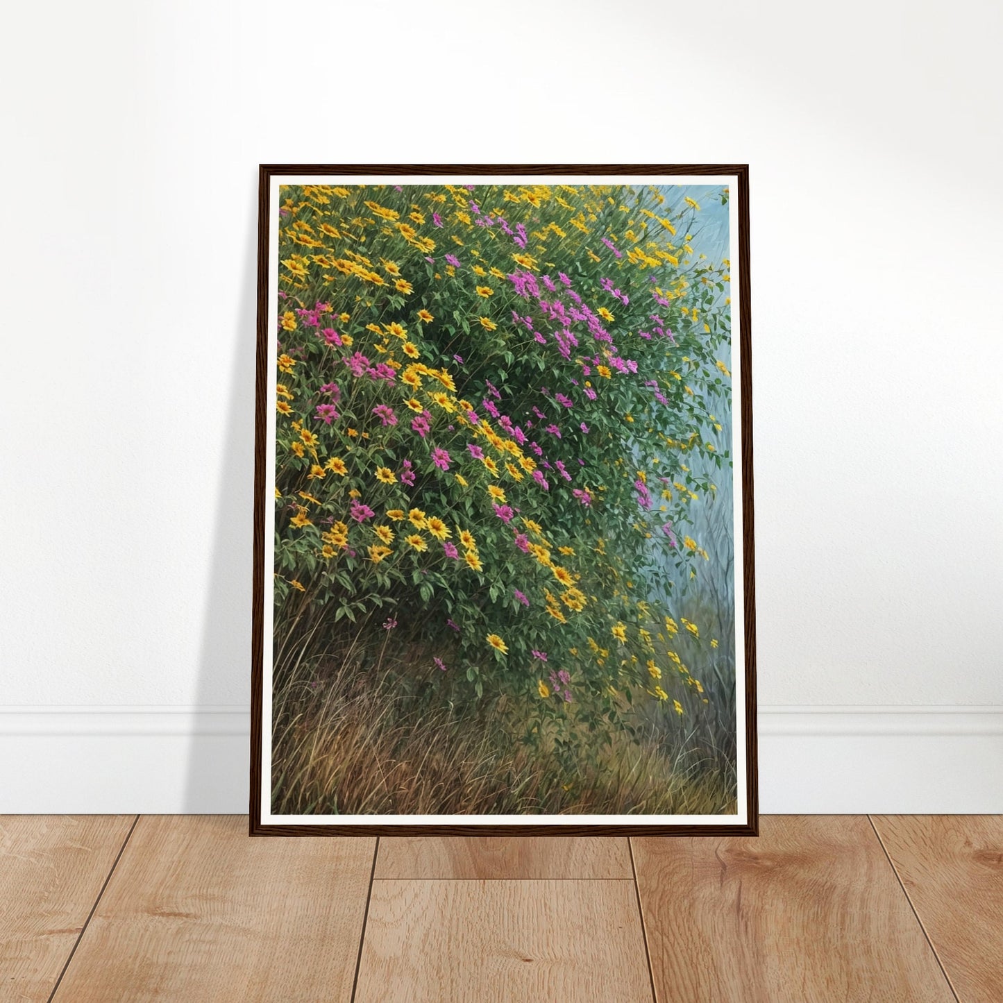 A vibrant painting of yellow and pink wildflowers cascading over a hillside with lush green foliage and tall grass.