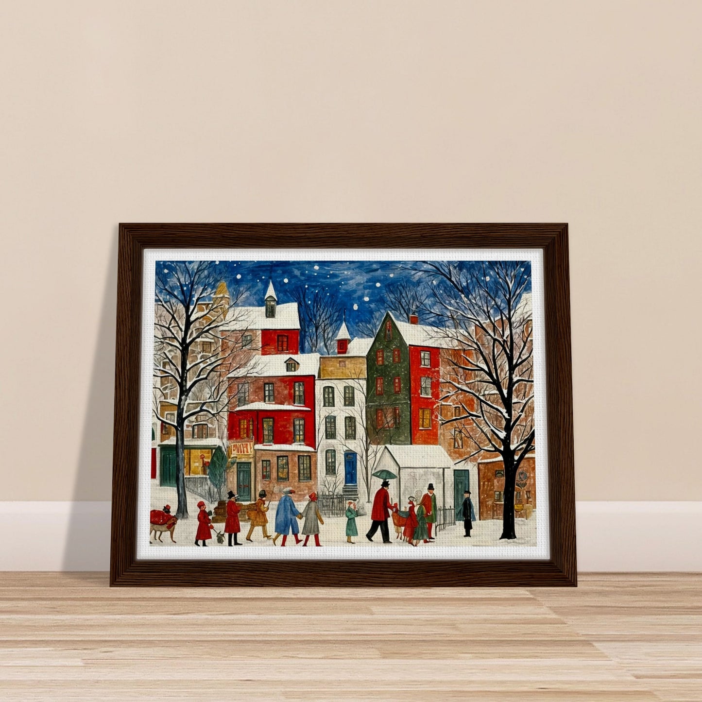 A charming cityscape with people walking down a snow-covered street, surrounded by colorful houses and trees under a starry night sky, capturing the holiday spirit.