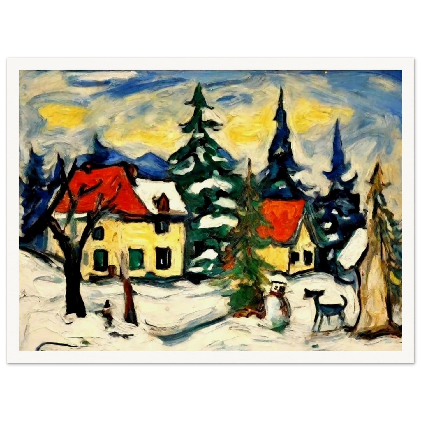 A picturesque village scene with snow-covered cabins, tall pine trees, and a snowman under a golden-yellow sky, capturing the peaceful charm of a winter landscape.
