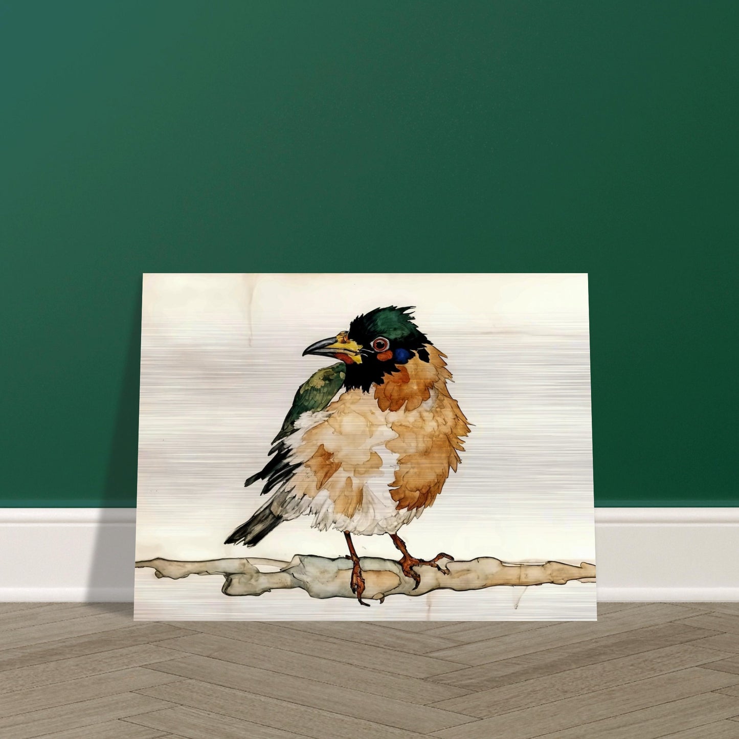 "A delicate painting of a small bird with fluffy, colorful feathers perched on a branch, set against a soft, neutral background."