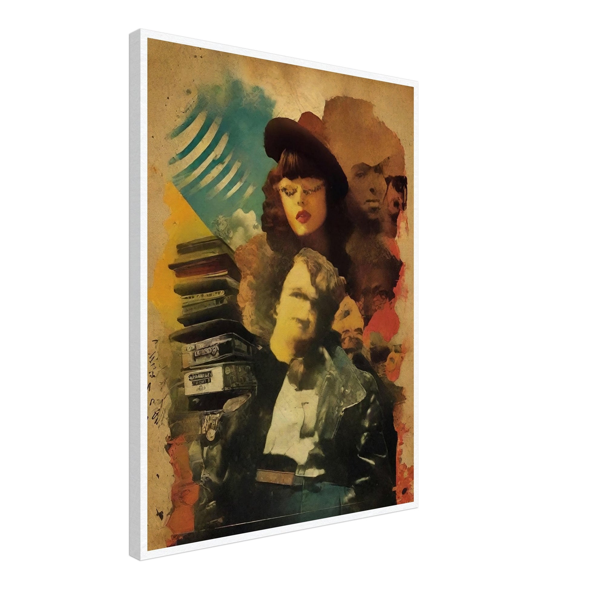 Surreal collage of vintage figures, with a woman in a hat and a man in a leather jacket, surrounded by old cassette tapes and faces