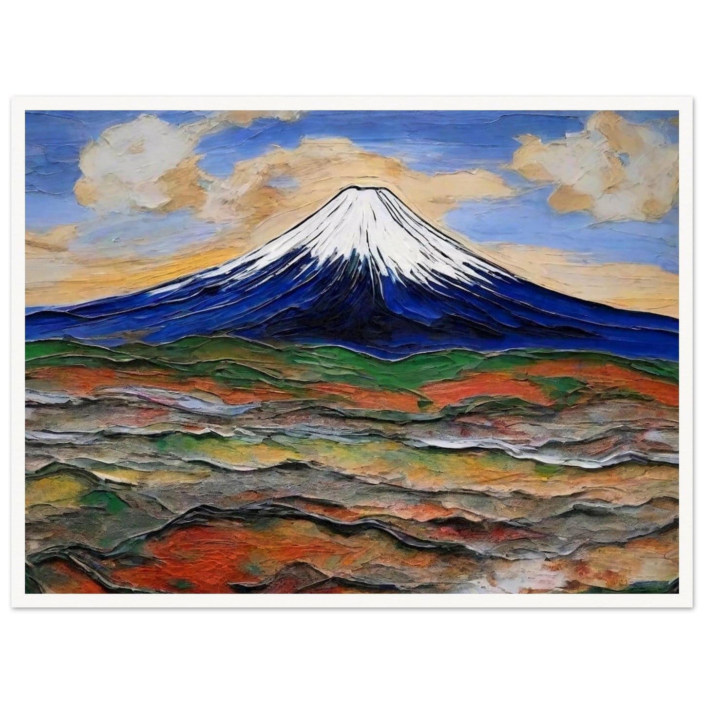 "A breathtaking view of a snow-capped mountain under a colorful sky, with rolling hills in earthy tones spreading out below."