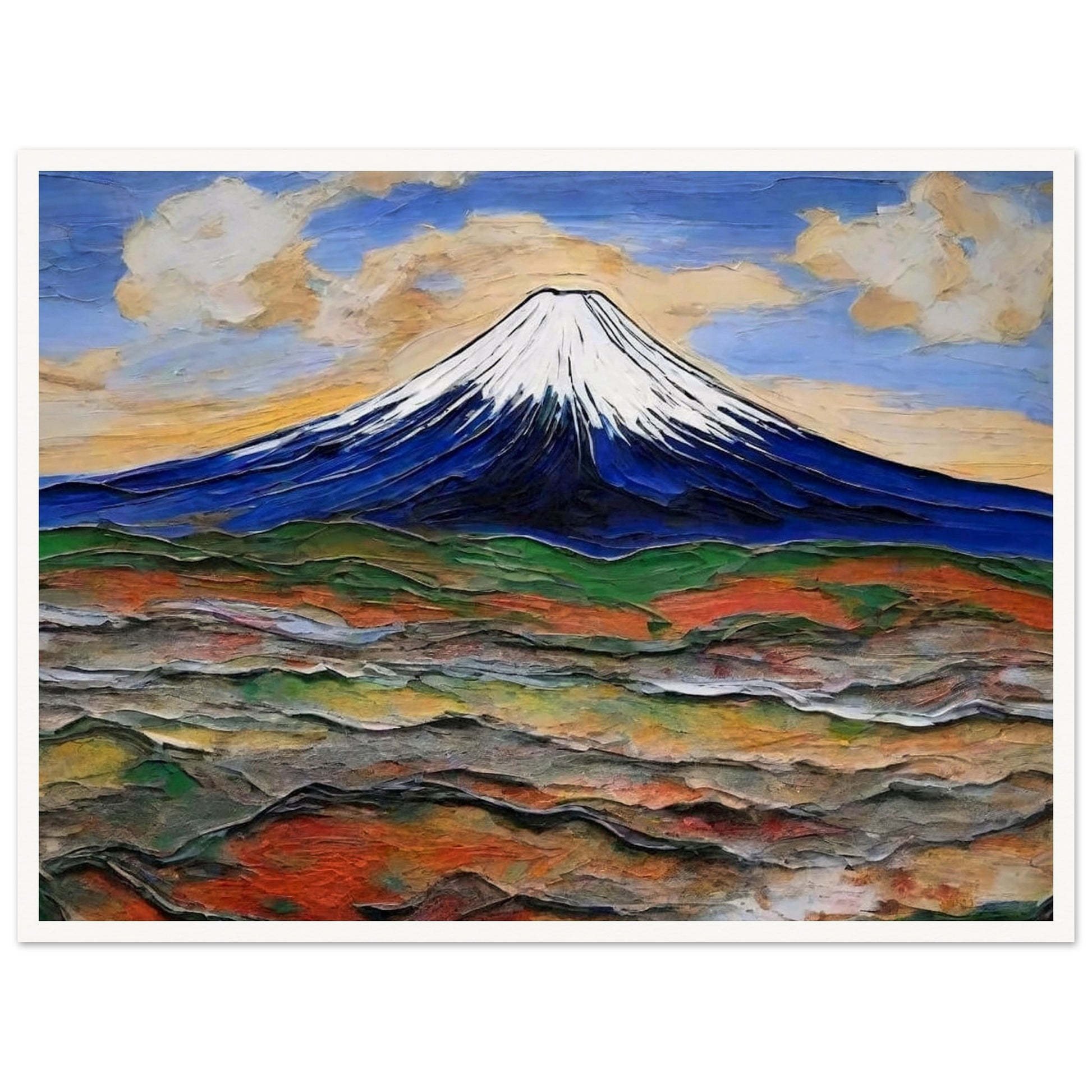 "A breathtaking view of a snow-capped mountain under a colorful sky, with rolling hills in earthy tones spreading out below."
