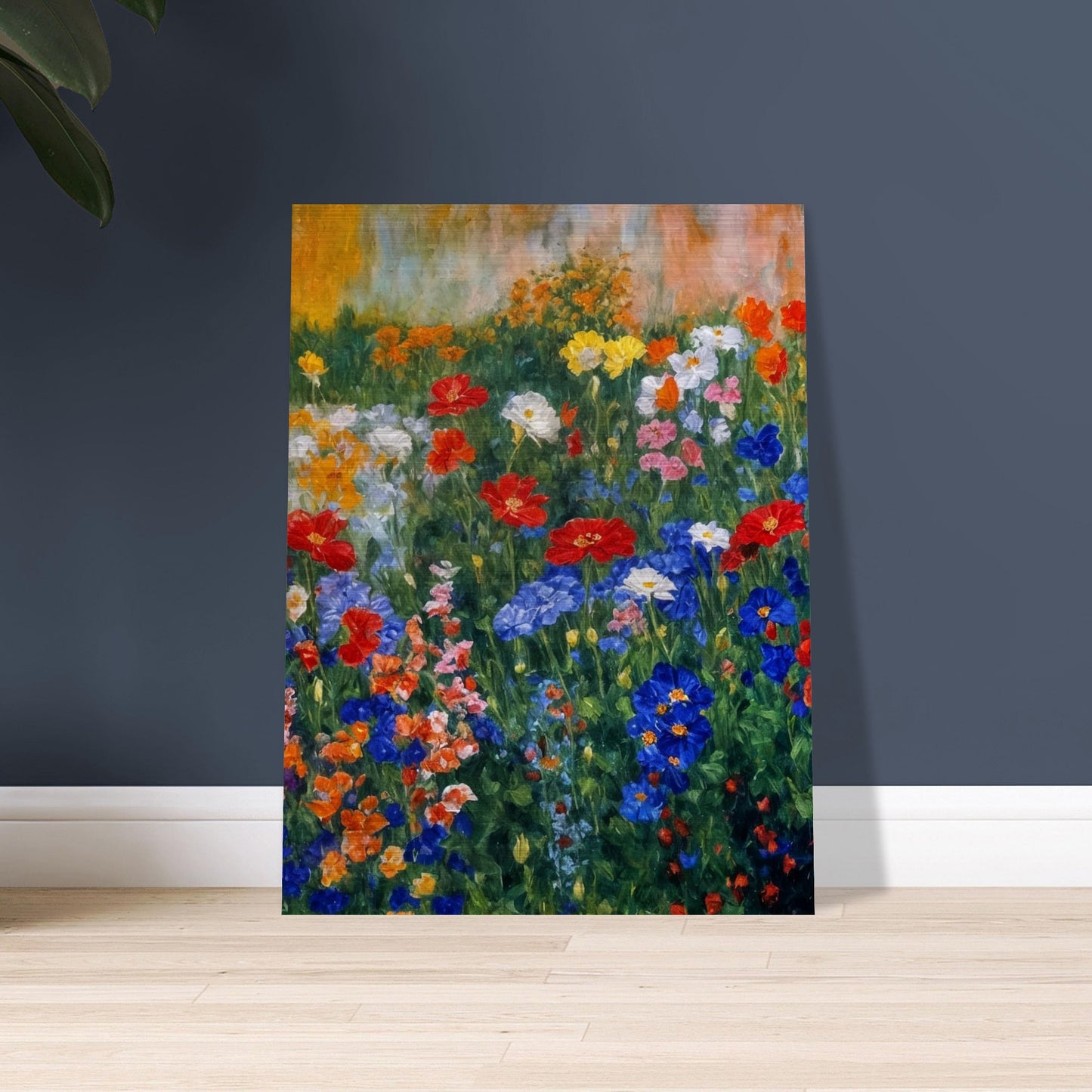 Colorful painting of a blooming garden filled with various flowers in red, blue, and yellow hues against a soft, textured background