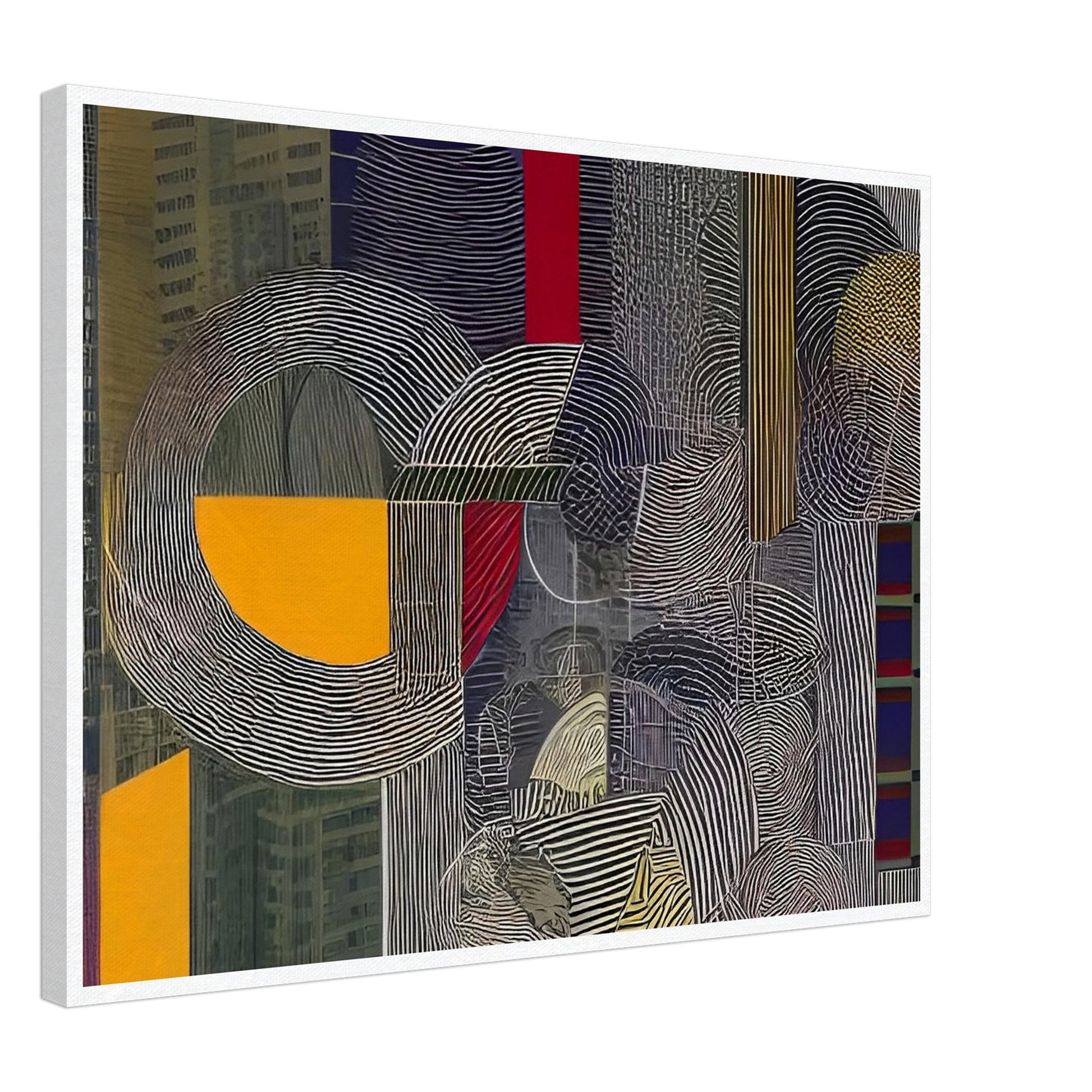 A contemporary abstract painting featuring bold geometric shapes, lines, and patterns, evoking an urban architectural landscape.