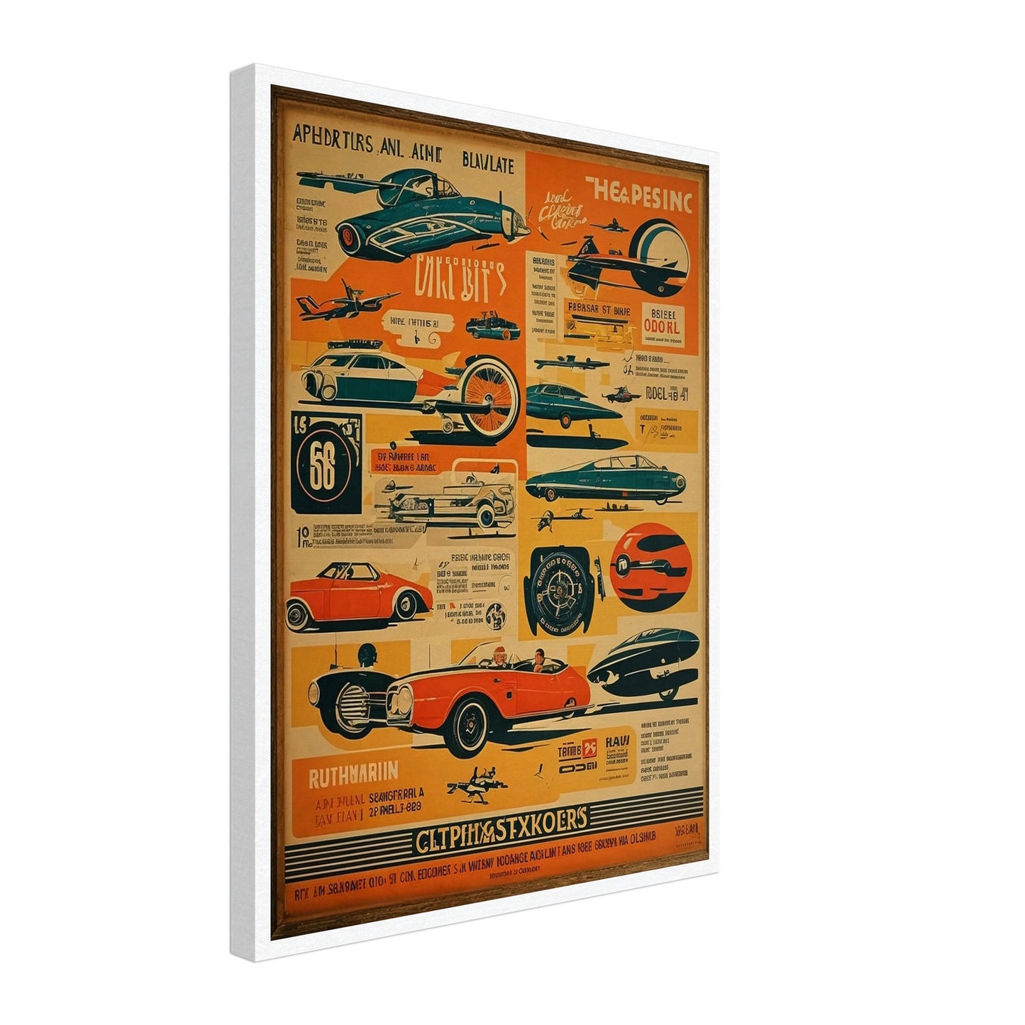 A retro sci-fi themed poster filled with futuristic vehicles, planes, and spaceships in bold colors, presenting a glimpse into a future imagined in the past.